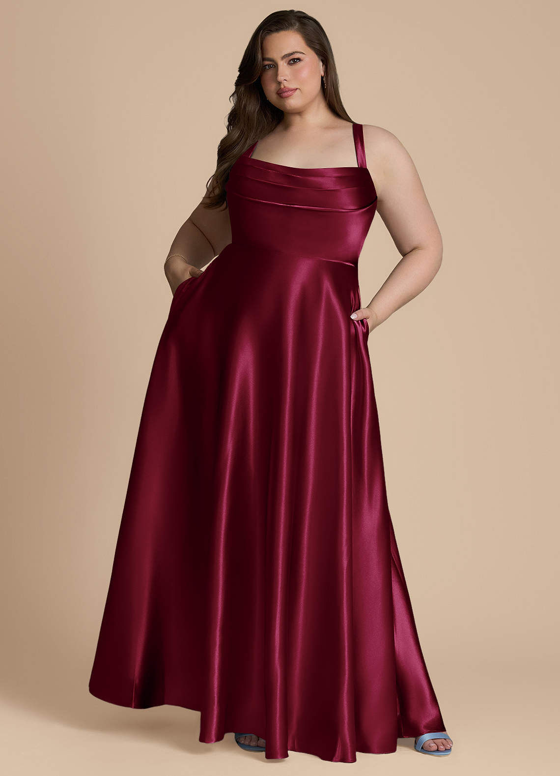 Azazie Shaude At-home Try On Dresses Burgundy A-Line Pleated Metallic Satin Dress image7