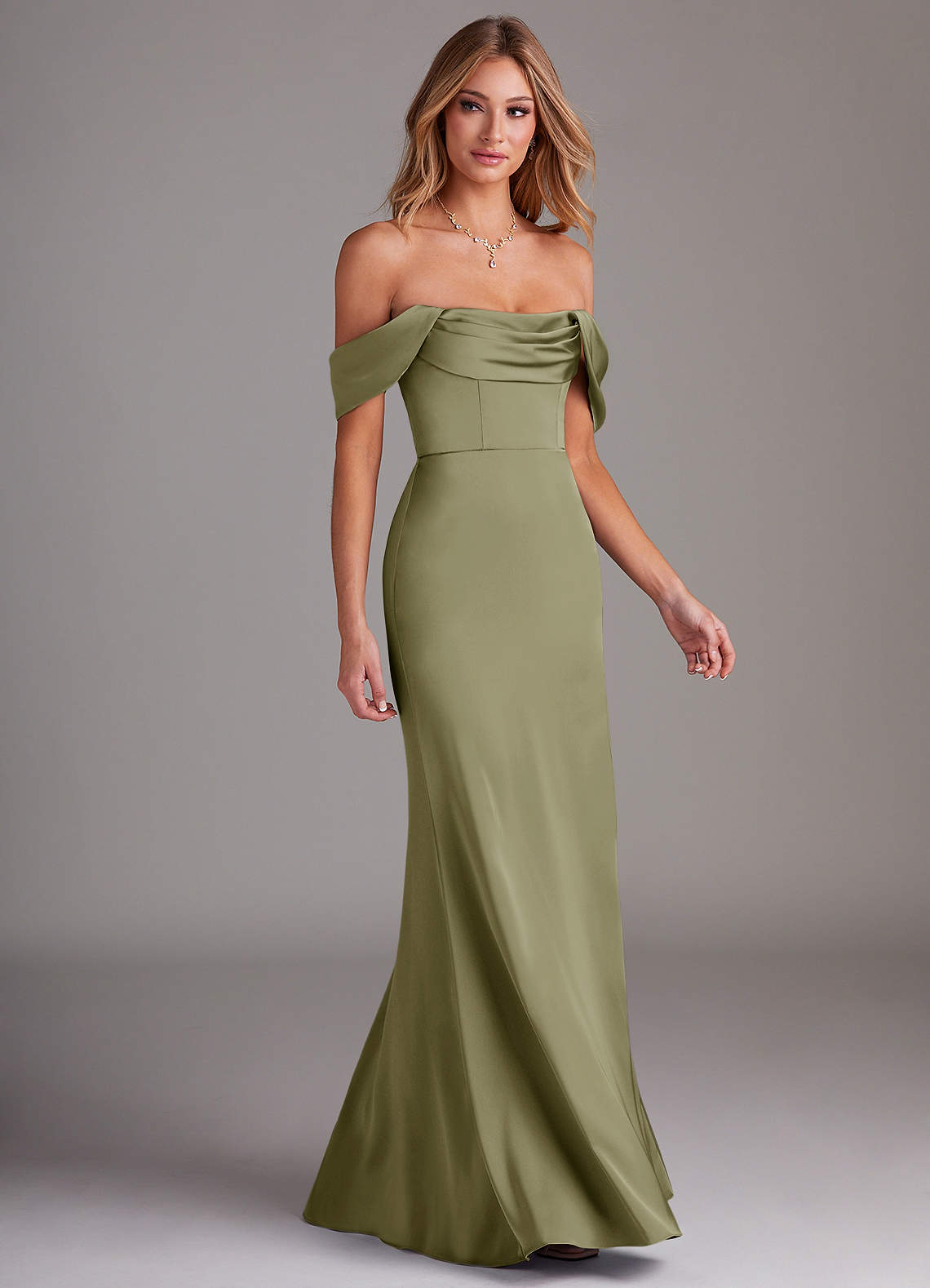 Azazie Saige Bridesmaid Dresses Pistachio Sheath Off the Shoulder Stretch Satin Dress image5