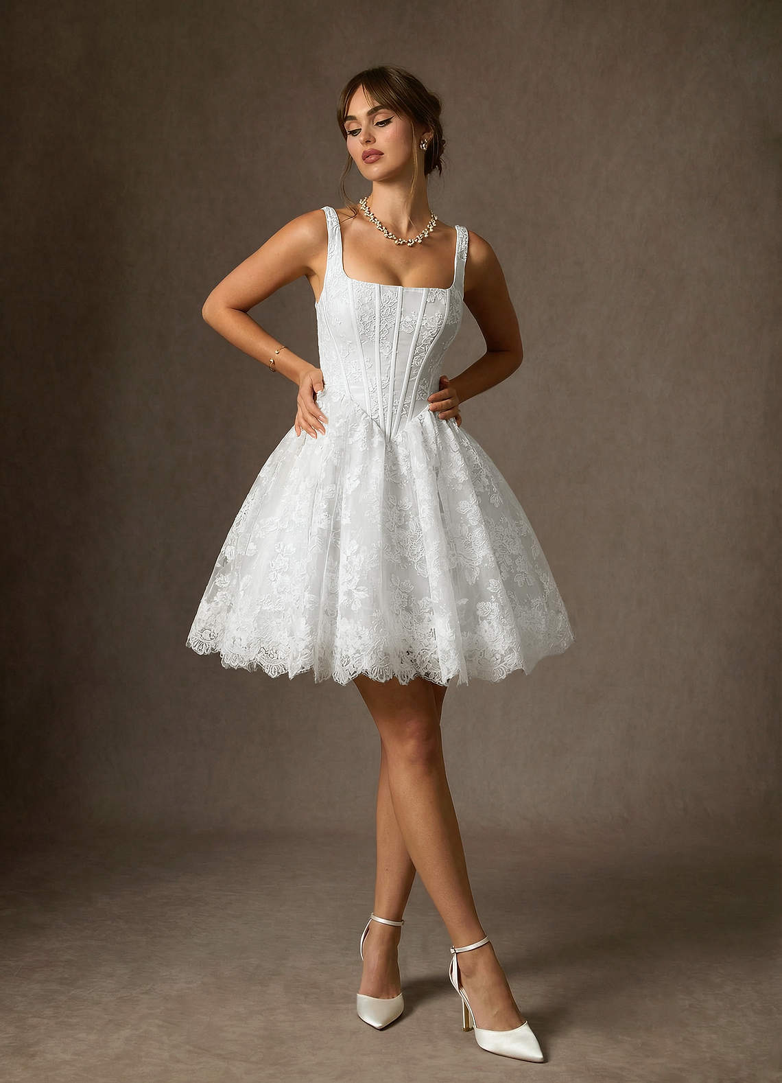 Azazie Nolicia Wedding Dresses Diamond White Ball-Gown Square Neckline Lace Dress image4