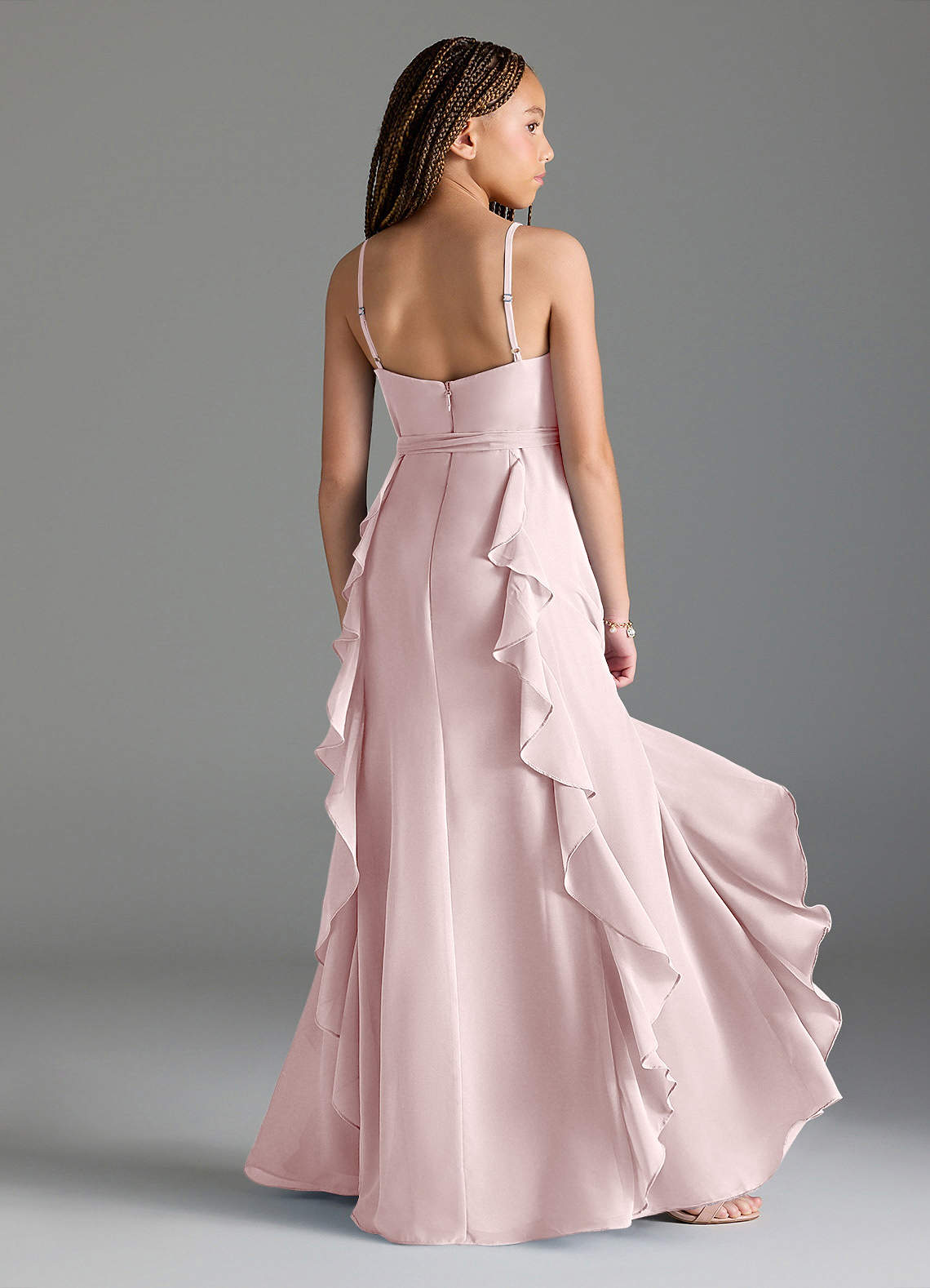 Azazie Peyton Junior Blushing Pink A-Line V-Neck Cascading Ruffles Chiffon Dress image1