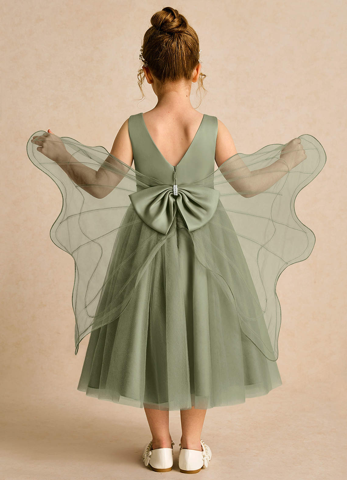Azazie Pear Blumenmädchenkleider Ballkleid Schleifen Tüll Kleid Pistazie image1