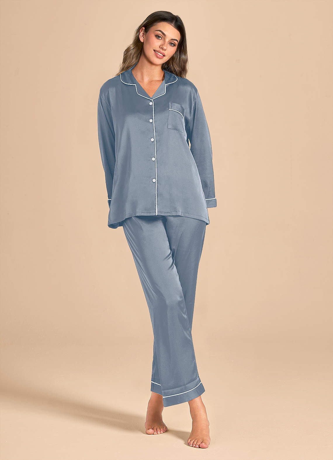 front Long Sleeves and Pants Satin PJ Set