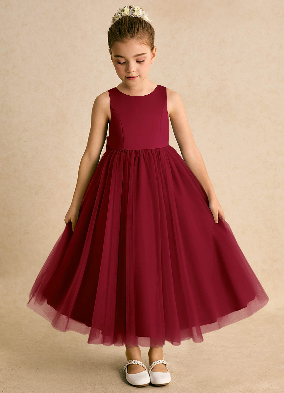 Azazie Solia Robe Demoiselle D'honneur Fillette Robe Princesse en Tulle Arc Bourgogne image5