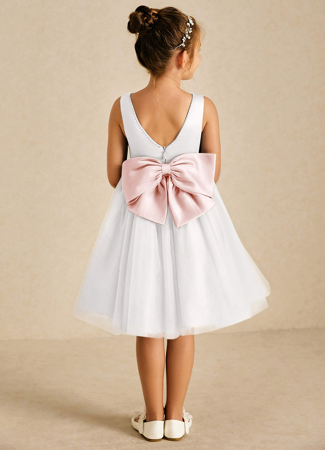 Azazie Seline Flower Girl Dresses Ivory Blushing Pink A-Line Bow Tulle Dress image1