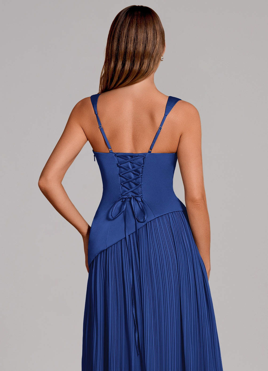 Azazie Stephanie Vestidos de madrinha de casamento Vestido Royal Blue de Cetim elástico de Linha A com Plissado image1