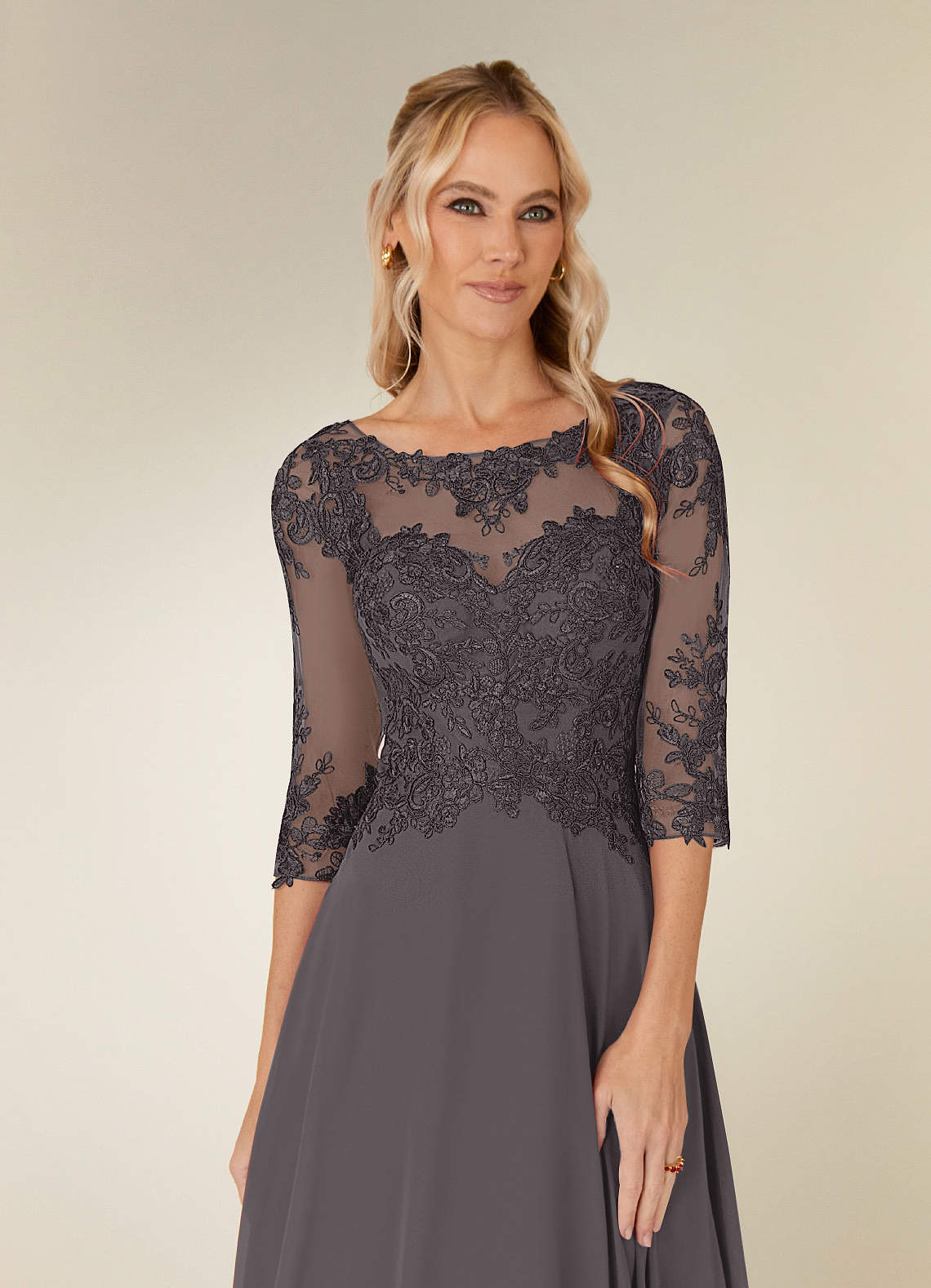 Azazie Monza Steel Grey A-Line Lace Chiffon Dress | Azazie Azazie Monza Steel Grey A-Line Lace Chiffon Dress | Azazie
