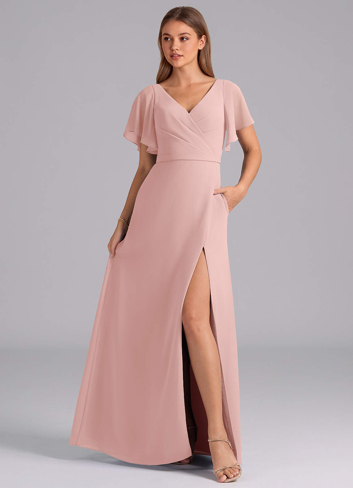 Azazie Ambrosia Bridesmaid Dresses Powder Pink A-Line Pleated Chiffon Dress image2