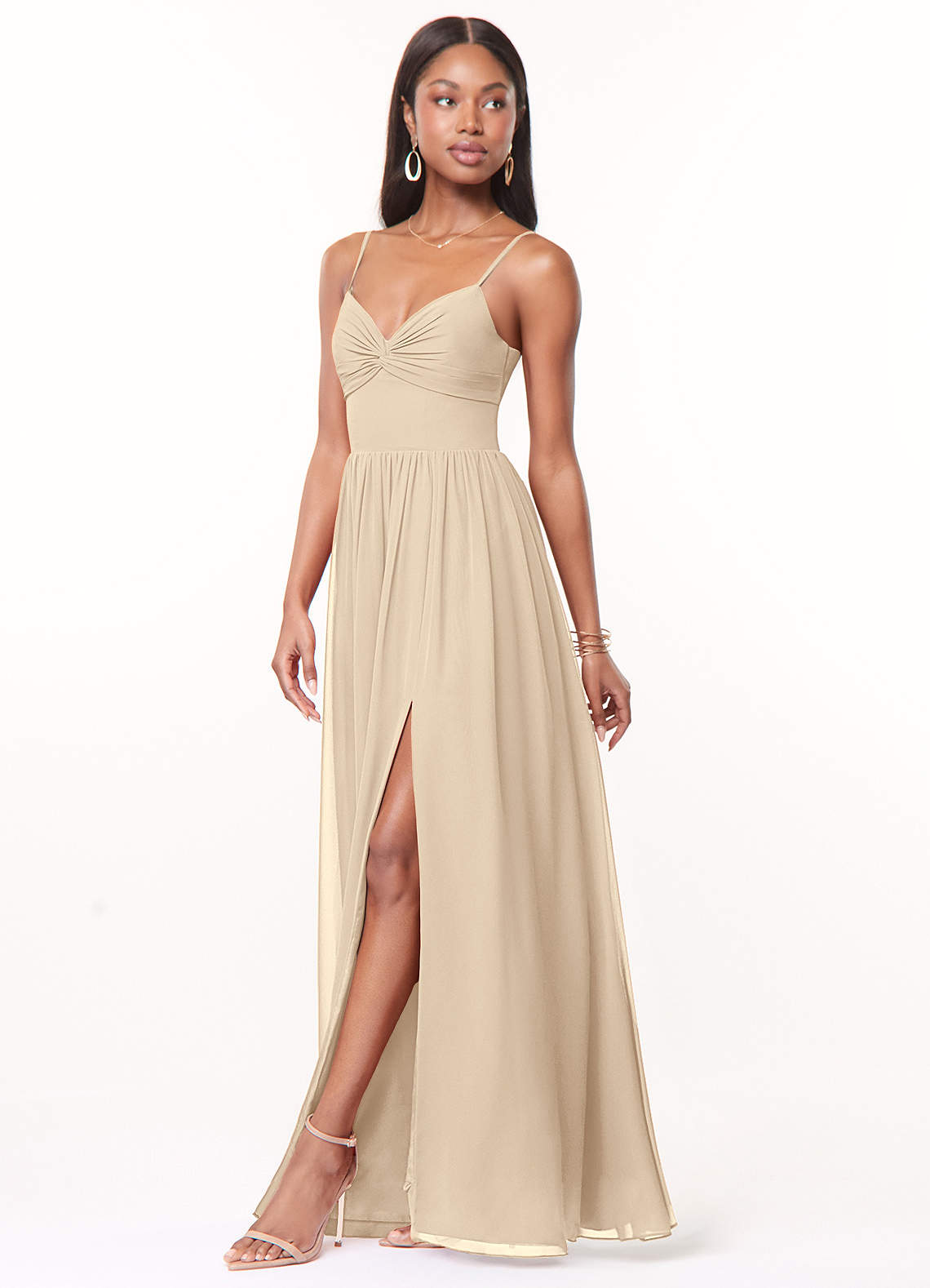 Azazie Zeya Bridesmaid Dresses Champagne A-Line V-Neck Pleated Chiffon Dress image3