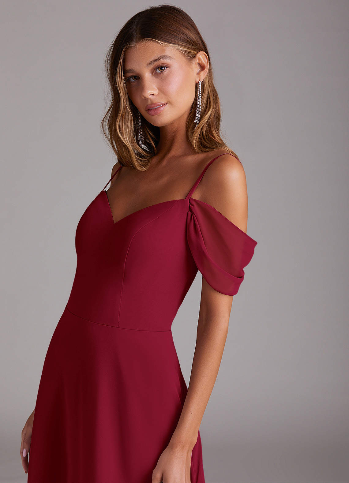 Azazie Marley At-home Try On Dresses Burgundy A-Line Off the Shoulder Chiffon Convertible Dress image7