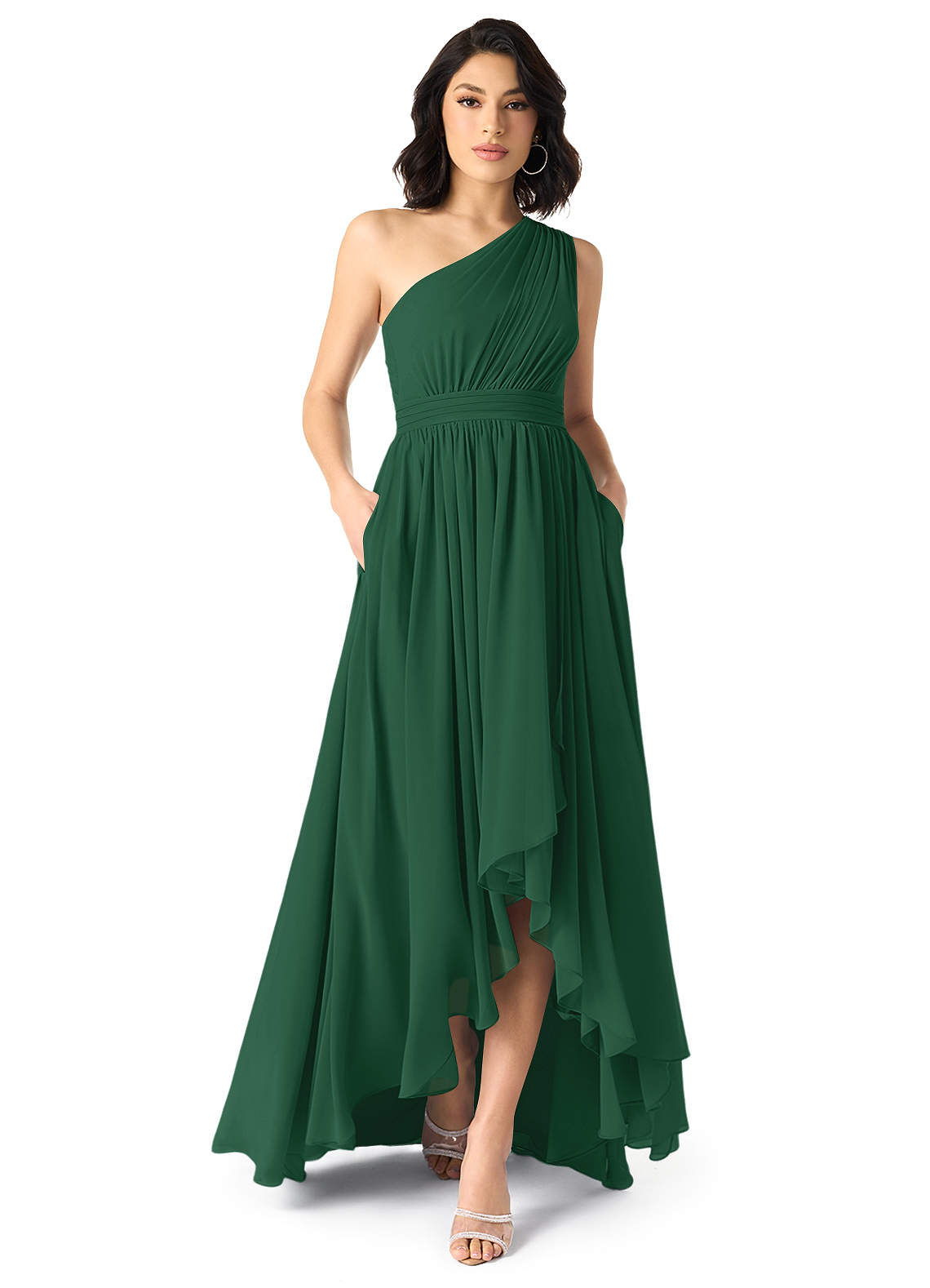 Azazie Mathilda Robes de demoiselle d'honneur Robe Trapèze en Mousseline de soie Ue épaule Vert Foncé image1