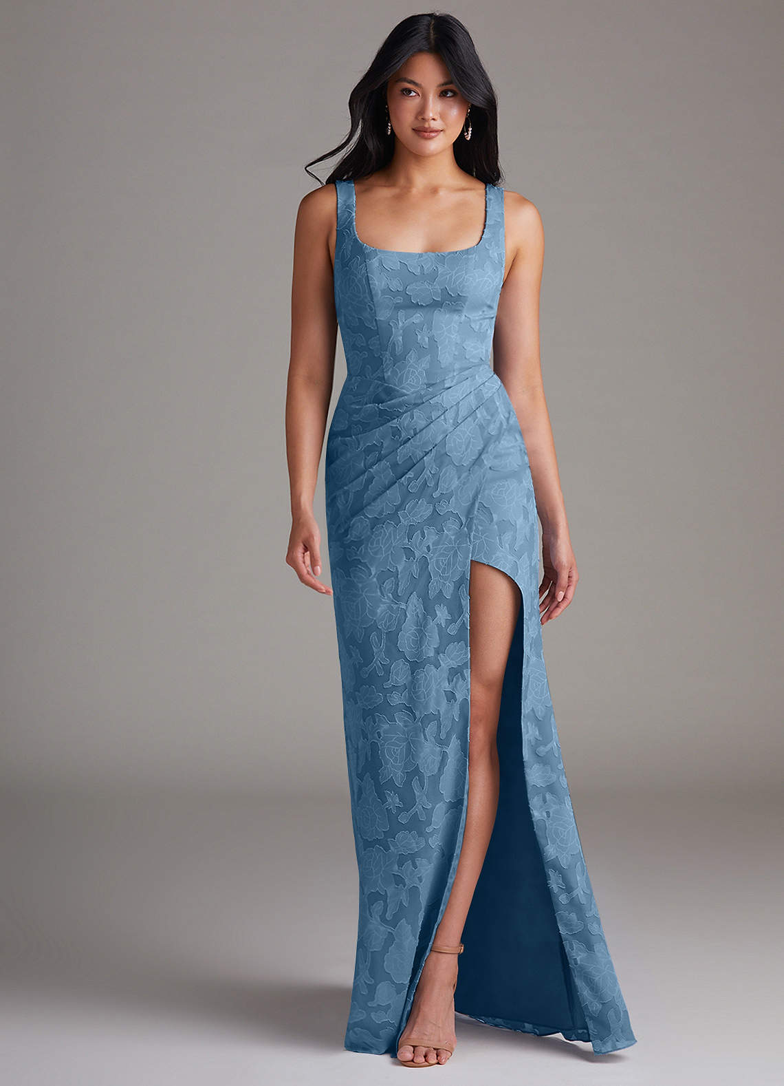 Azazie Mero Bridesmaid Dresses Steel Blue Sheath Pleated Floral Burnout Dress image3