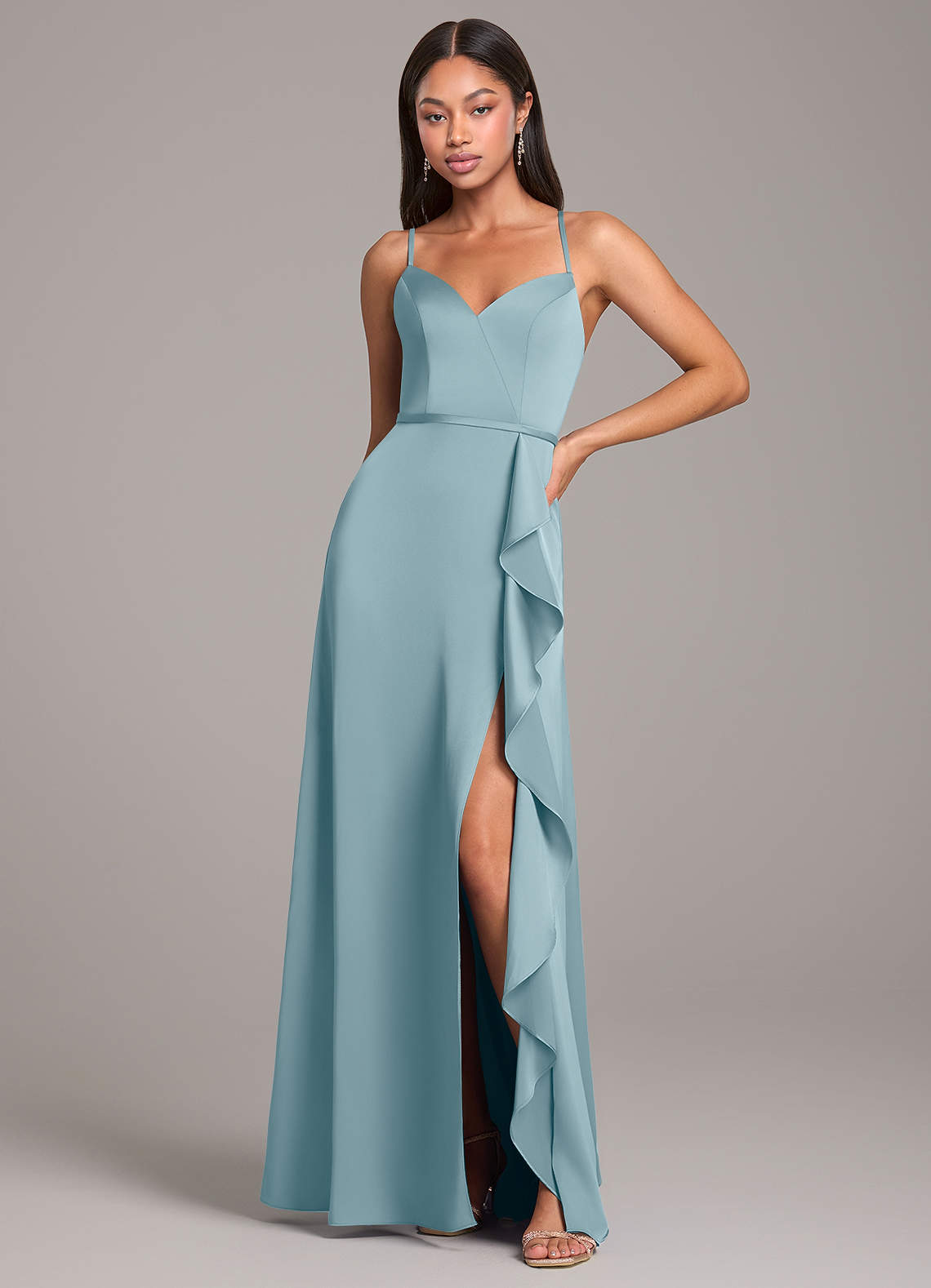 Azazie Naeem Robes de demoiselle d'honneur Robe Trapèze en Satin extensible Bleu Maussade image1