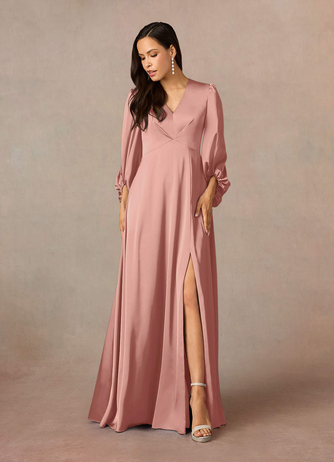 Azazie Luna Mother of the Bride Dresses Rosette A-Line Pleated Stretch Satin Dress image1
