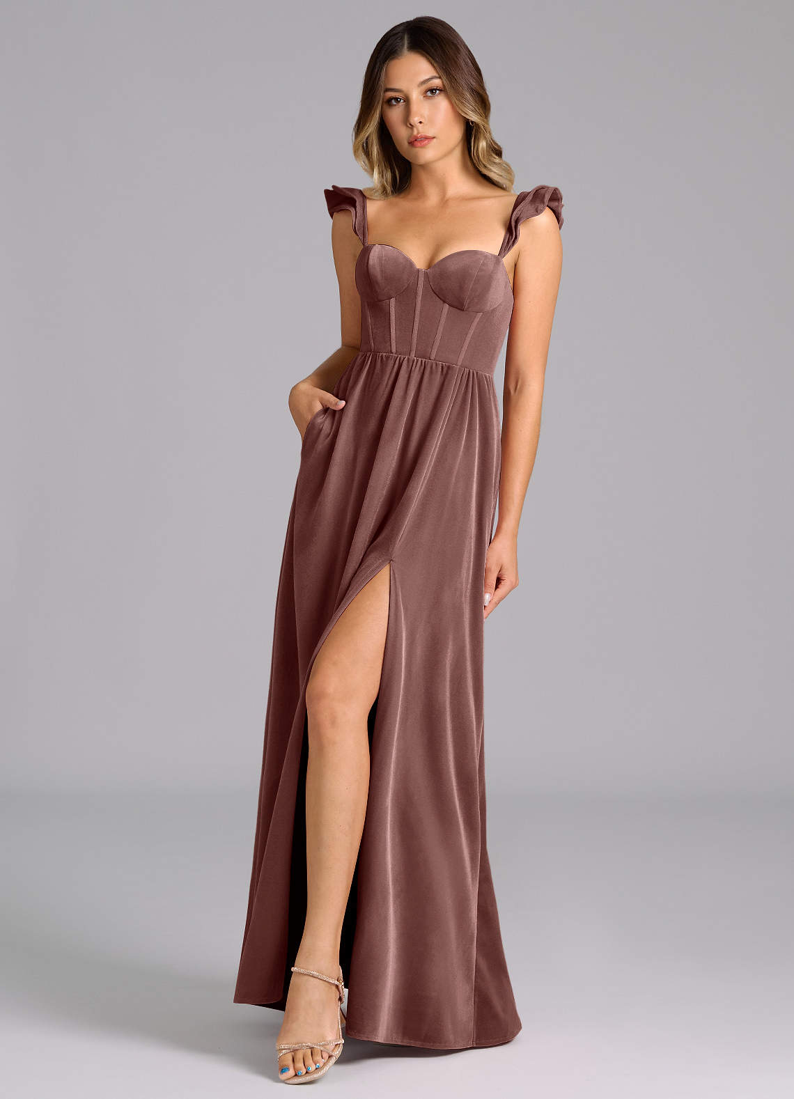 Azazie Denisse Bridesmaid Dresses Espresso A-Line Ruched Velvet Dress image1