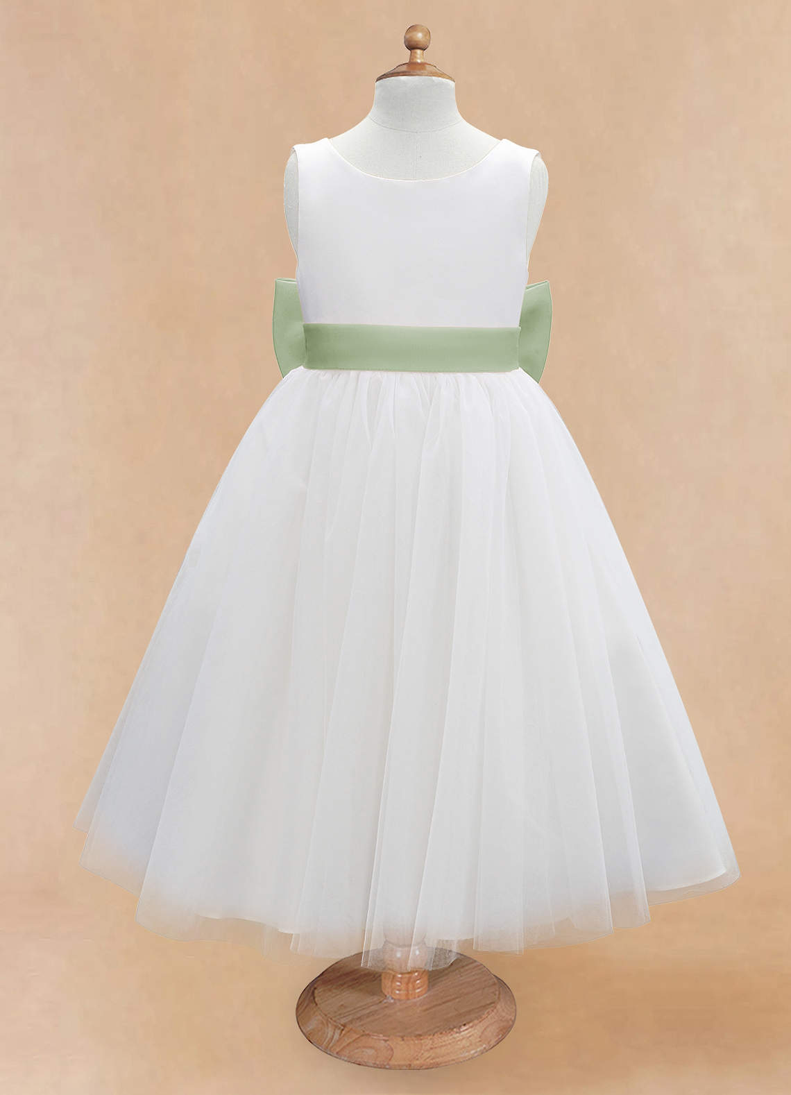 Azazie Kavi Flower Girl Dresses Ivory Dusty Sage A-Line Bow Matte Satin Dress image6