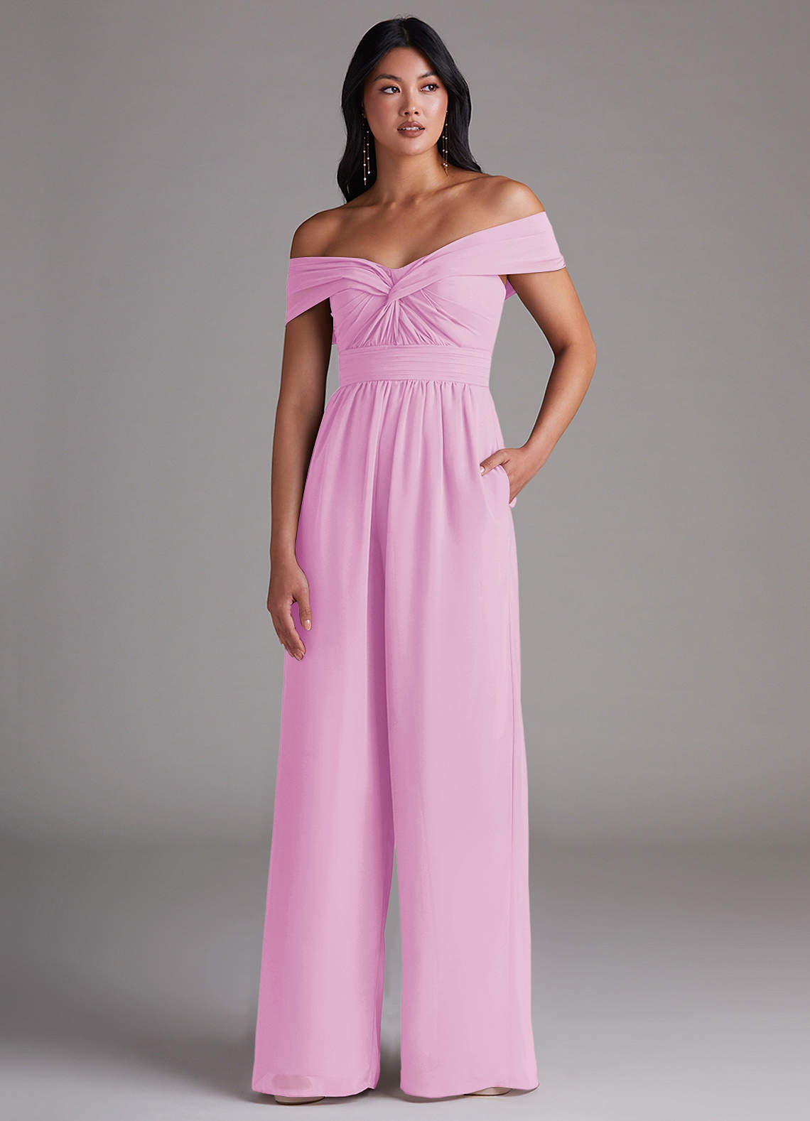 Azazie Lamara Bridesmaid Dresses Candy Pink Off the Shoulder Chiffon Convertible Jumpsuit image1