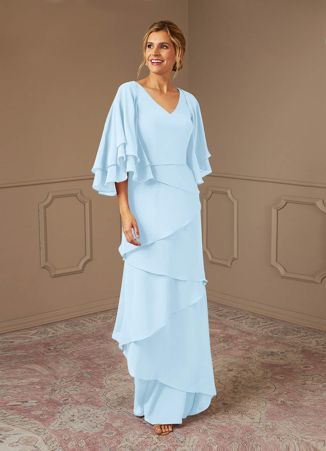 Azazie OHara Mère de la mariée Robes Robe Trapèze en Mousseline de soie Col V Bleu Ciel image1