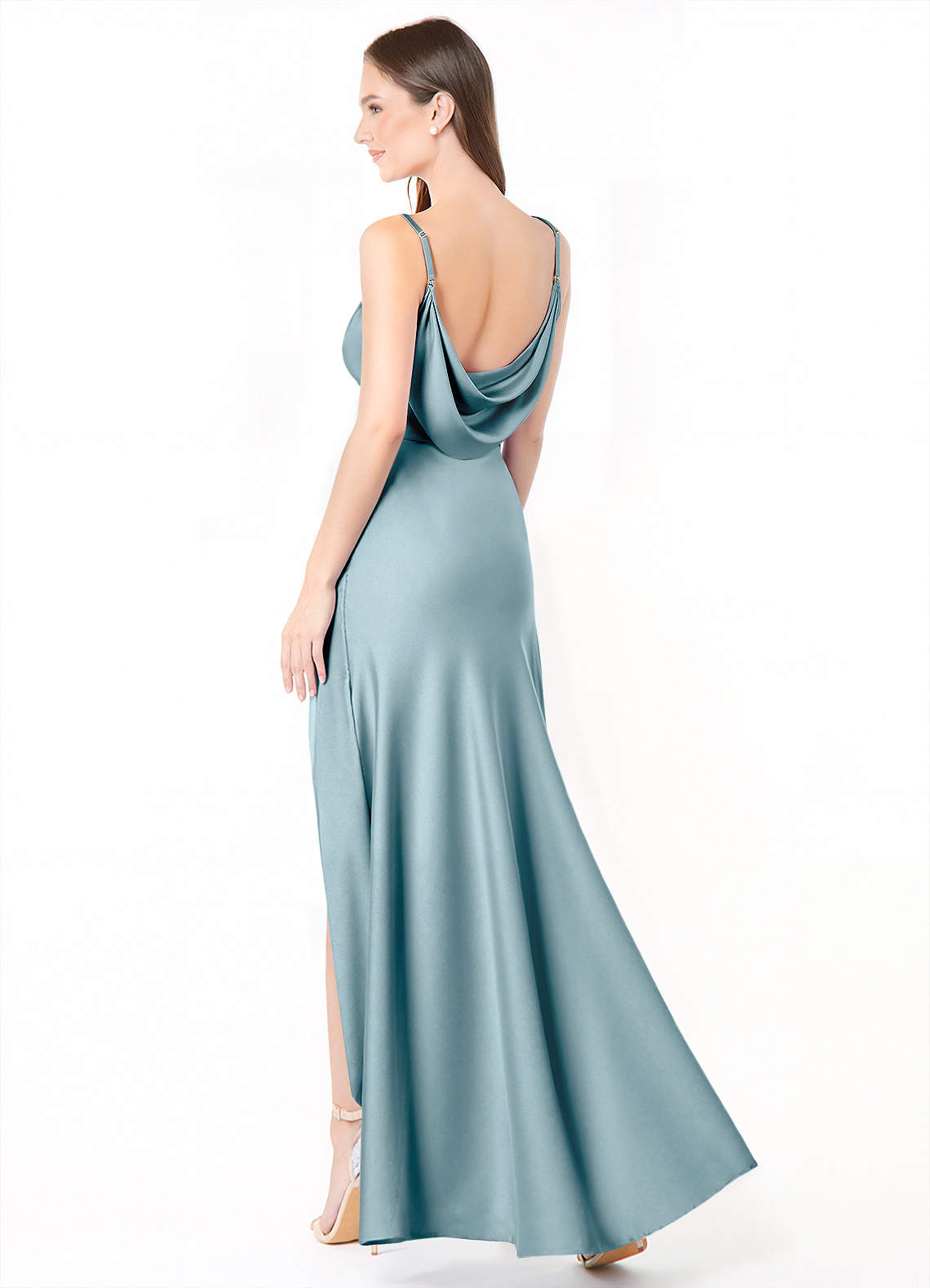 Azazie Alaija Vestidos de damas de honor Vestido de Azul Malhumorado de Satén Elástico de Corte Sirena con Corte Lateral image1