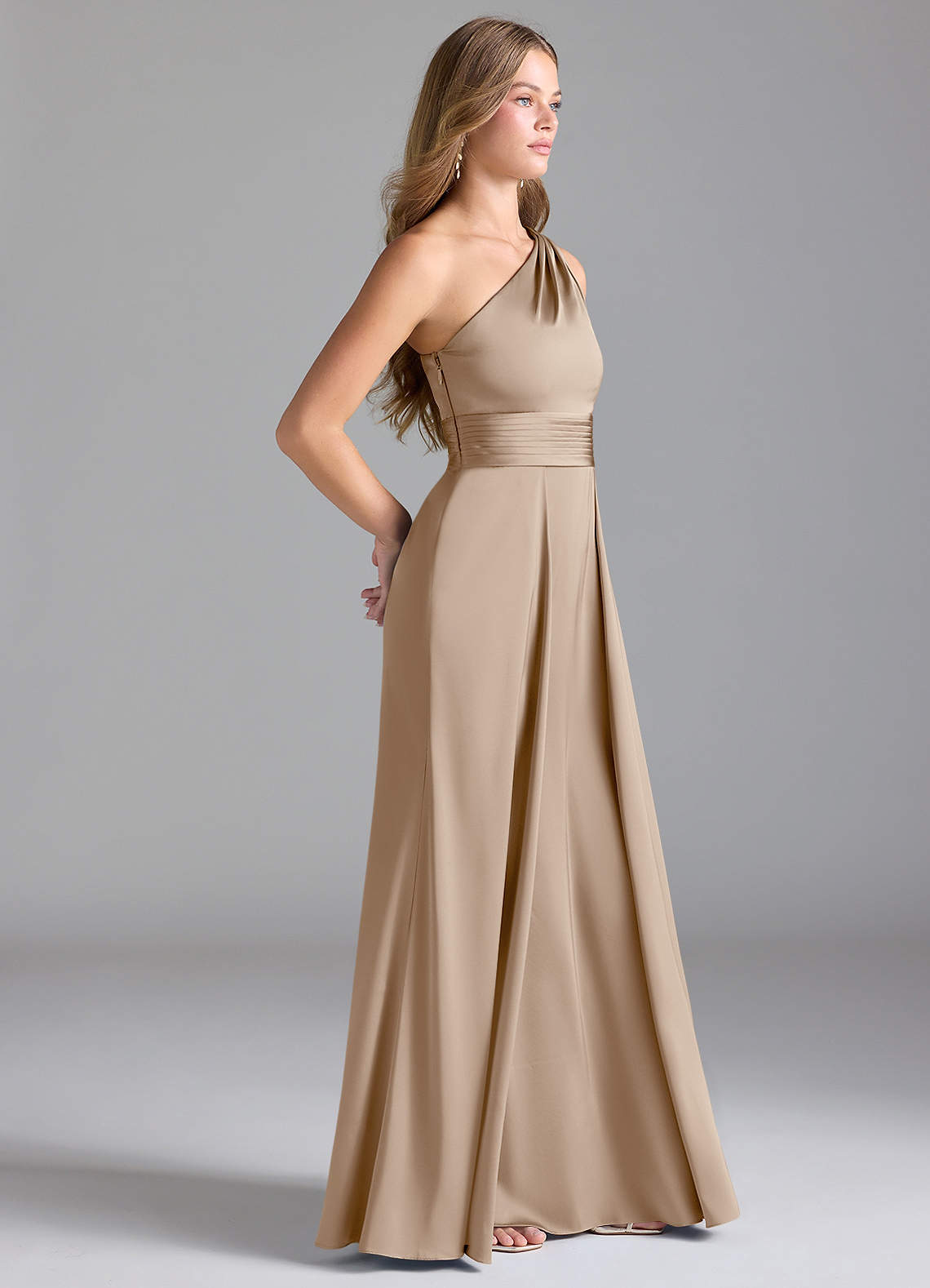 bridesmaid dresses denton tx Azazie Dallas Ready to Ship Taupe Stretch Satin Bridal stores