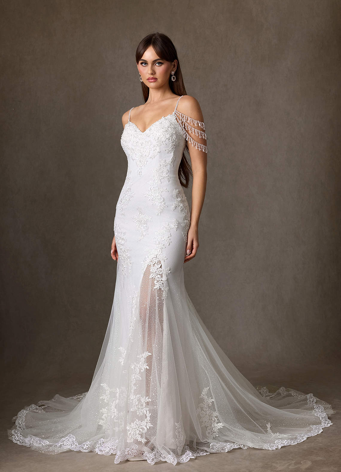 Azazie Saskia Diamond White Mermaid Sequins Tulle Dress | Azazie