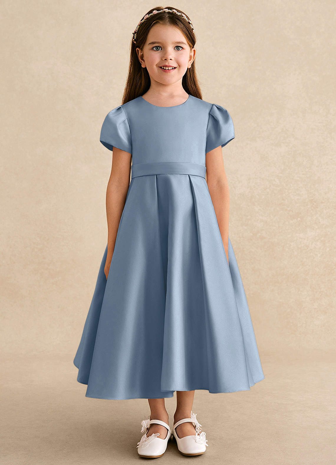 Azazie Princess Flower Girl Dresses Dusty Blue A-Line Pleated Matte Satin Dress image4