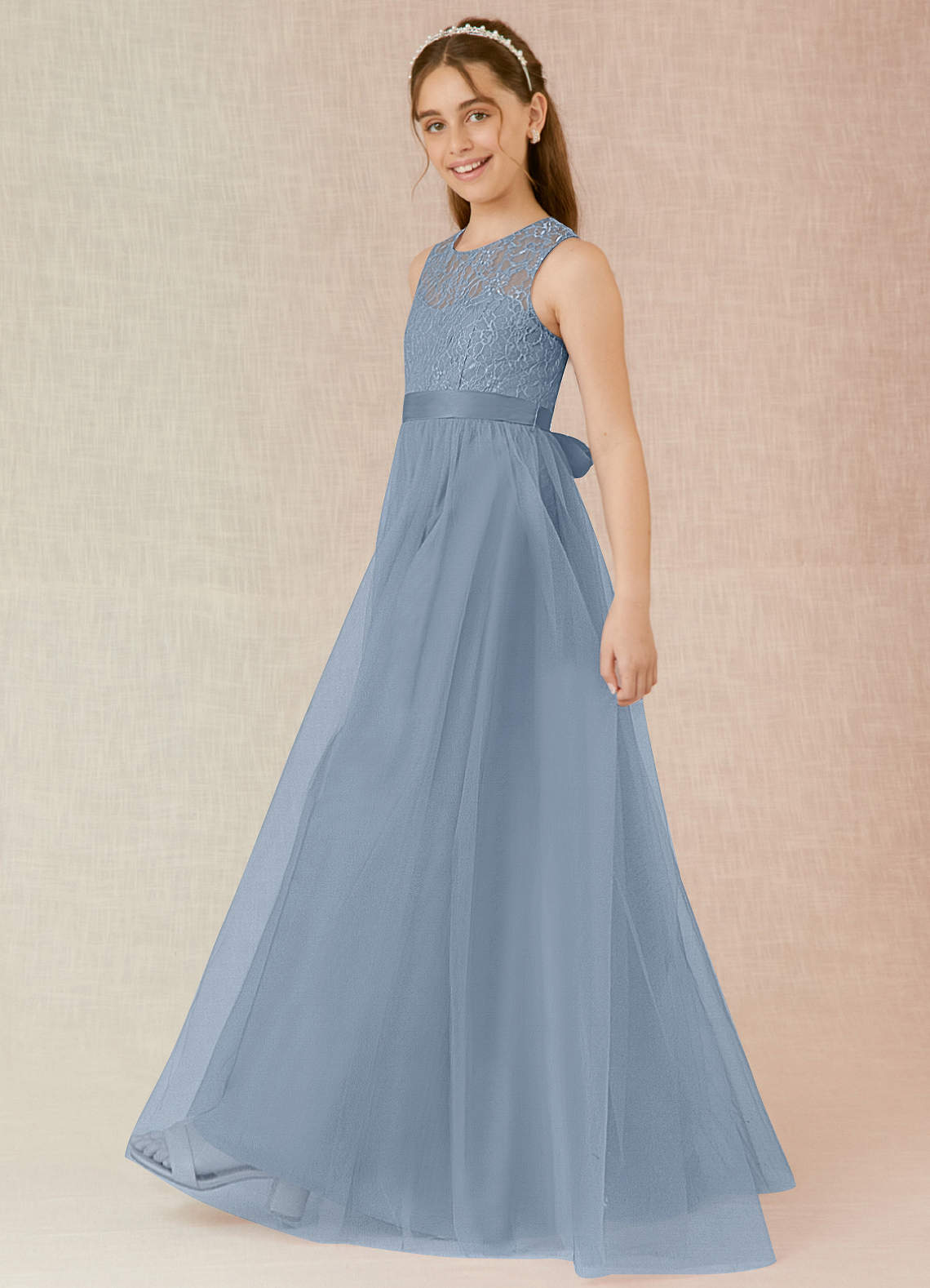 Azazie Georgette Junior Dusty Blue A-Line Lace Tulle Dress image2