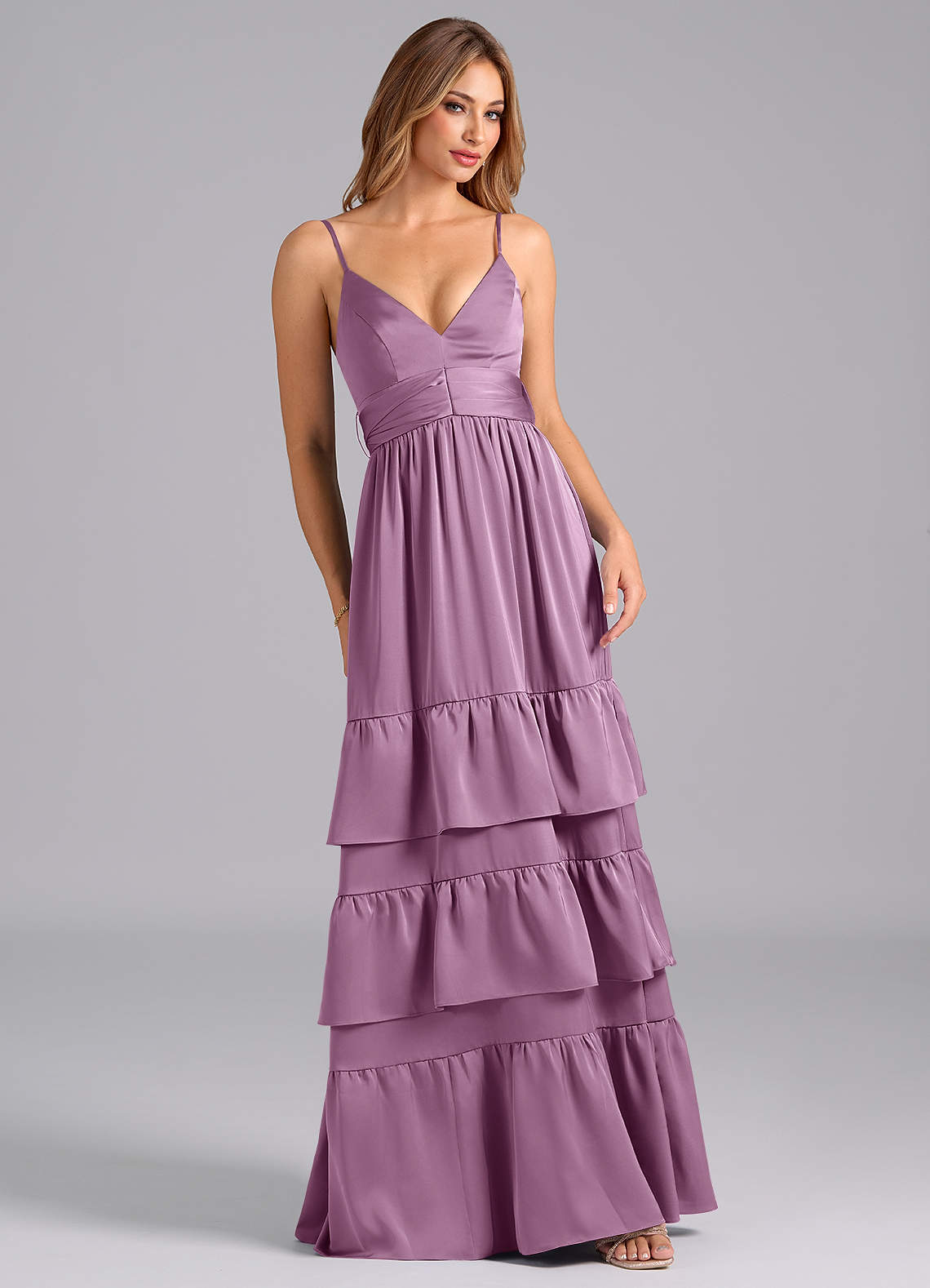 Azazie Nathalia Bridesmaid Dresses Wisteria A-Line Pleated Stretch Satin Dress image1