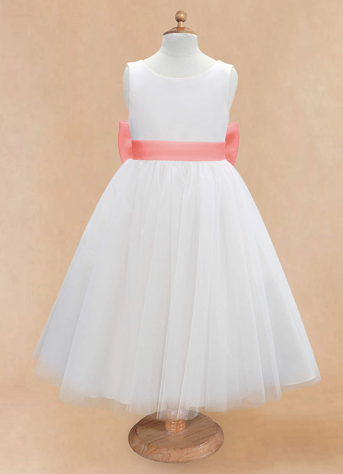 Azazie Kavi Flower Girl Dresses Ivory Coral A-Line Bow Matte Satin Dress image6