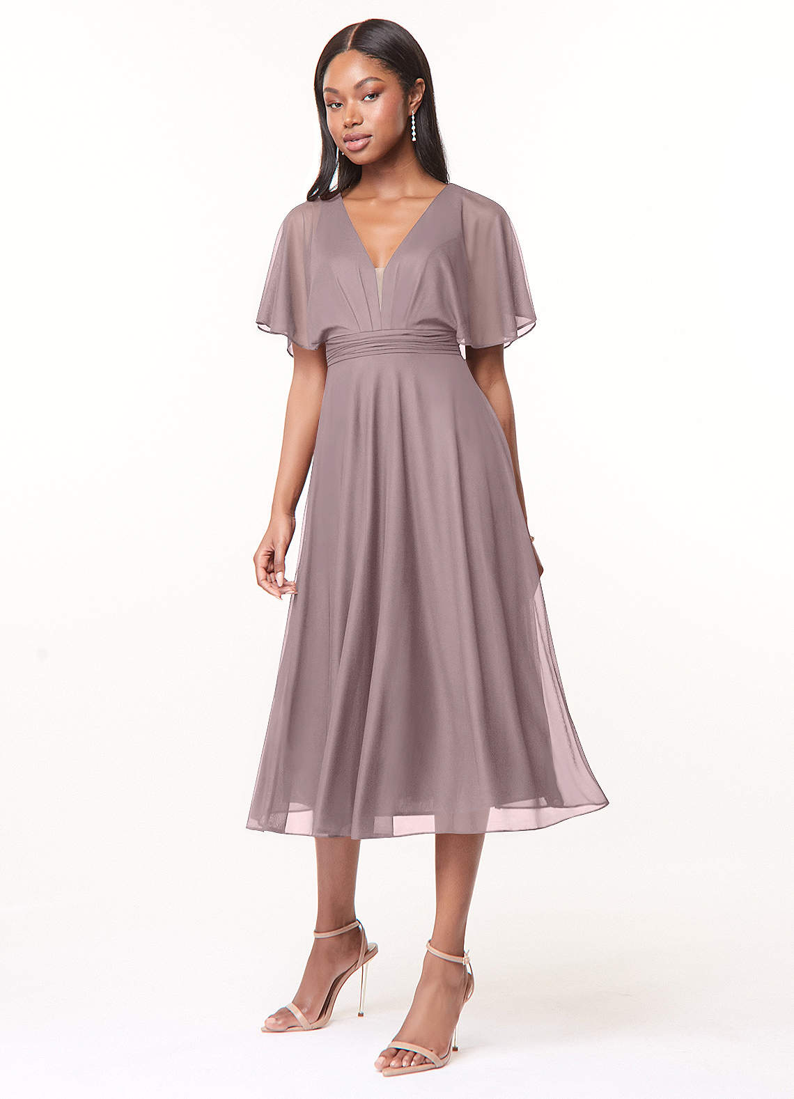 Azazie Tinsley Bridesmaid Dresses A-Line Pleated Mesh Tea-Length Dress image1