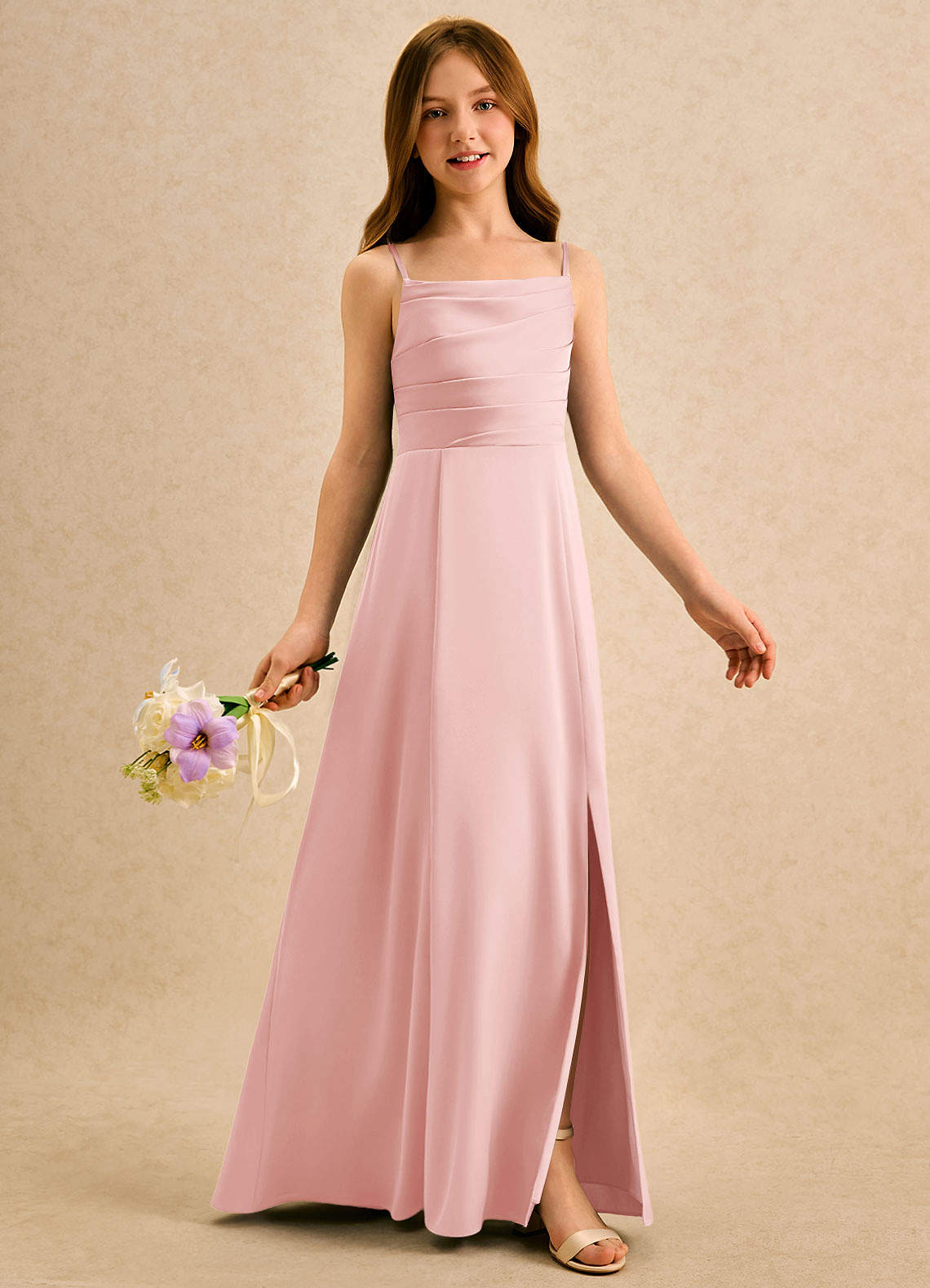 Azazie Chamomile Girls Formal Sukienki dla dziewczynek sypiących kwiaty Linia A Pofałdowany Satyna elastyczna Długość podłogi Sukienka image1