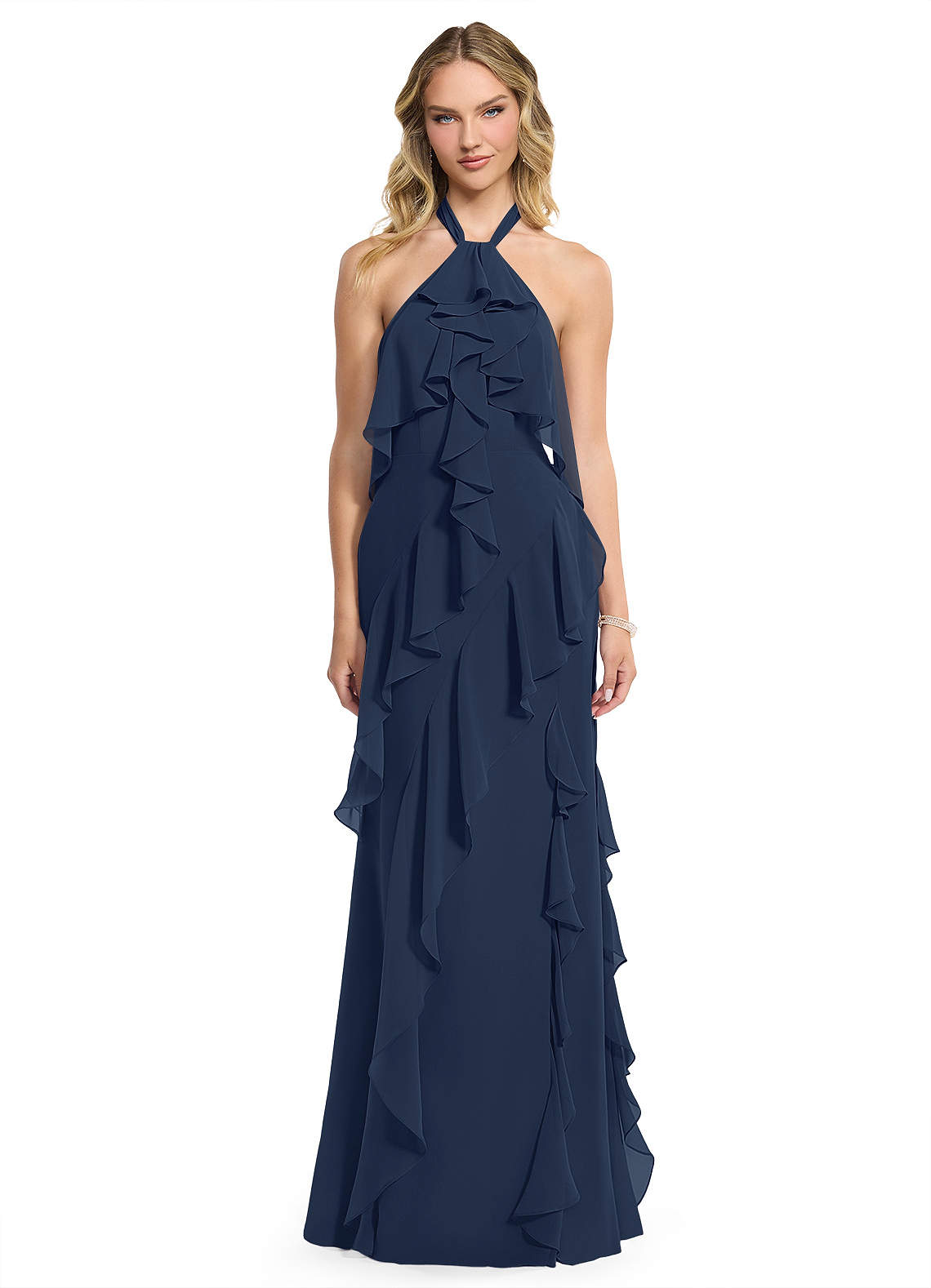 Azazie Velma Bridesmaid Dresses Dark Navy A-Line Side Slit Chiffon Dress image1