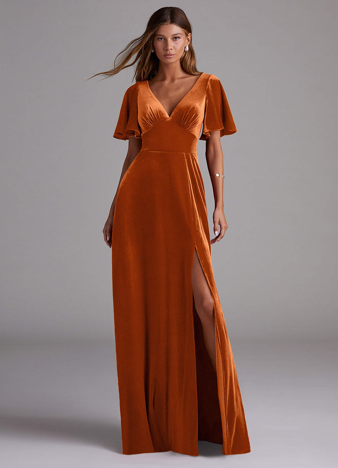 Azazie A Line Princess V Neck Floor Length Velvet Bridesmaid Dresses Burnt Orange