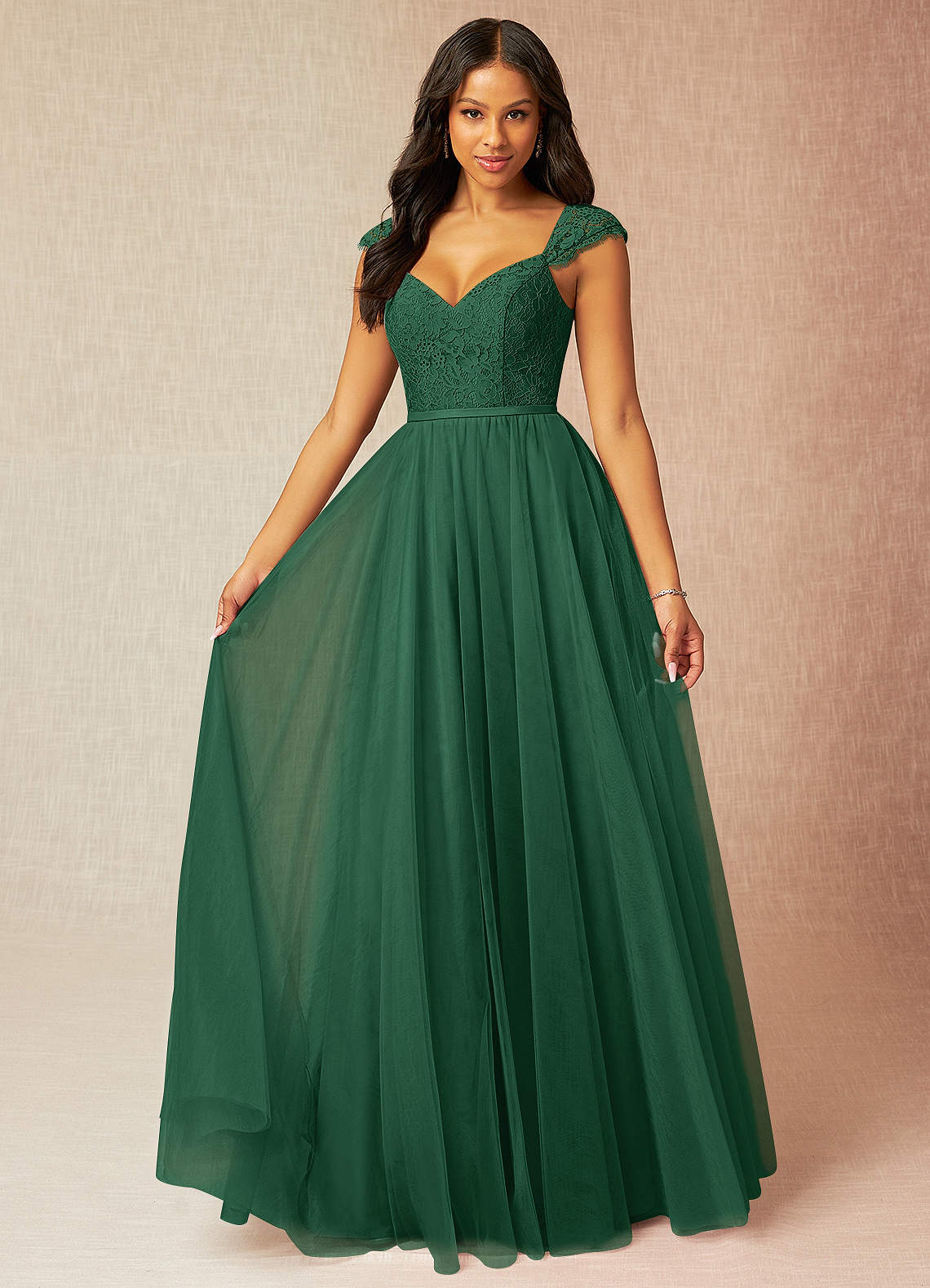 Azazie Luxi Bridesmaid Dresses Dark Green A-Line Pleated Tulle Dress image1
