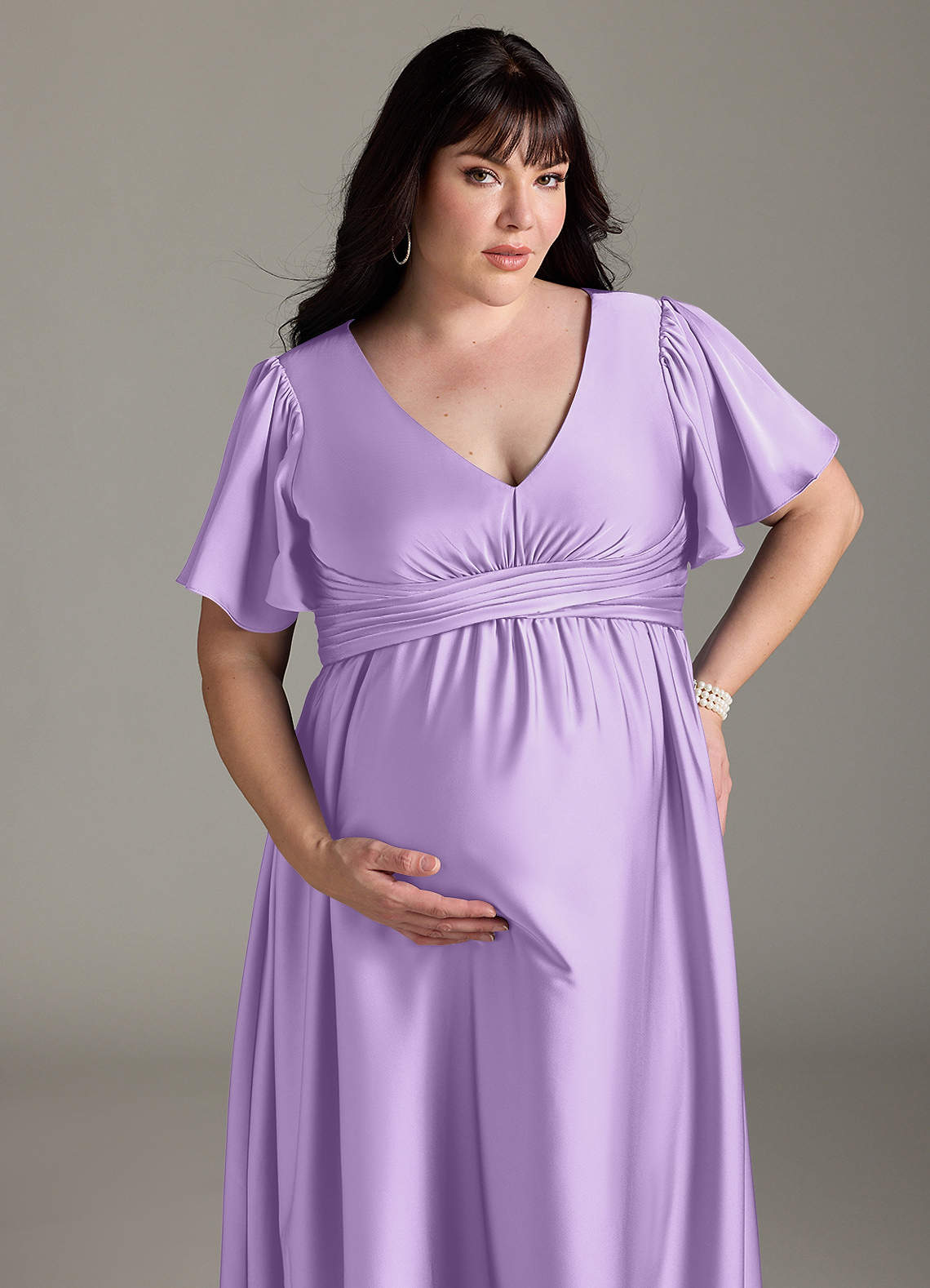 Azazie Verna vestidos de dama de honor de maternidad Vestido de Corte en A Volante Hasta el suelo Satén Elástico image14