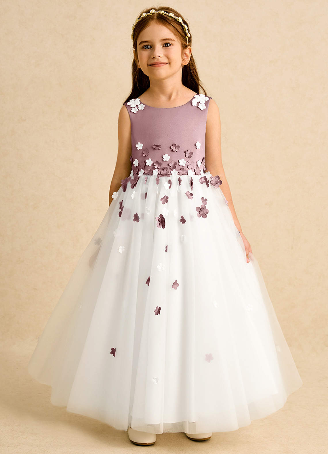 Azazie Eleni Blumenmädchenkleider Ballkleid Schleifen Tüll Kleid Elfenbein Altrosa image1