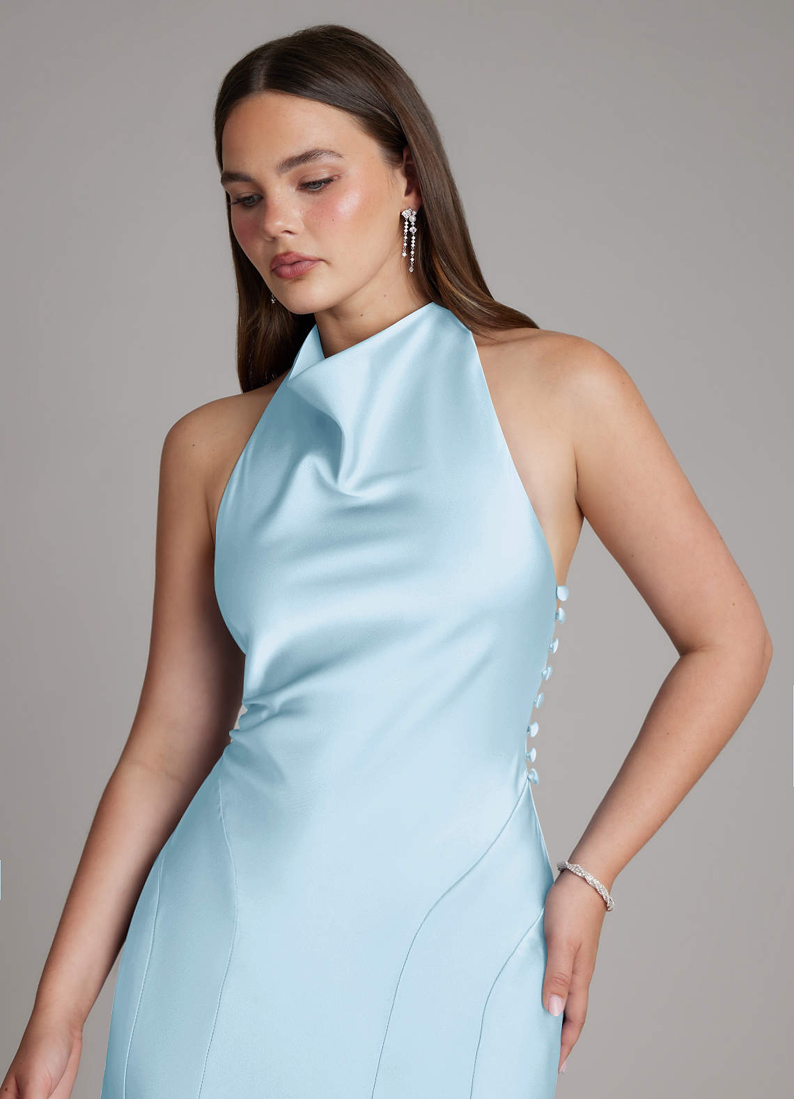 sahara Satin Jacquard セットアップ ライトブルー 上下 Azazie Sahara Ready to Ship Sky Blue Stretch Satin Bridesmaid