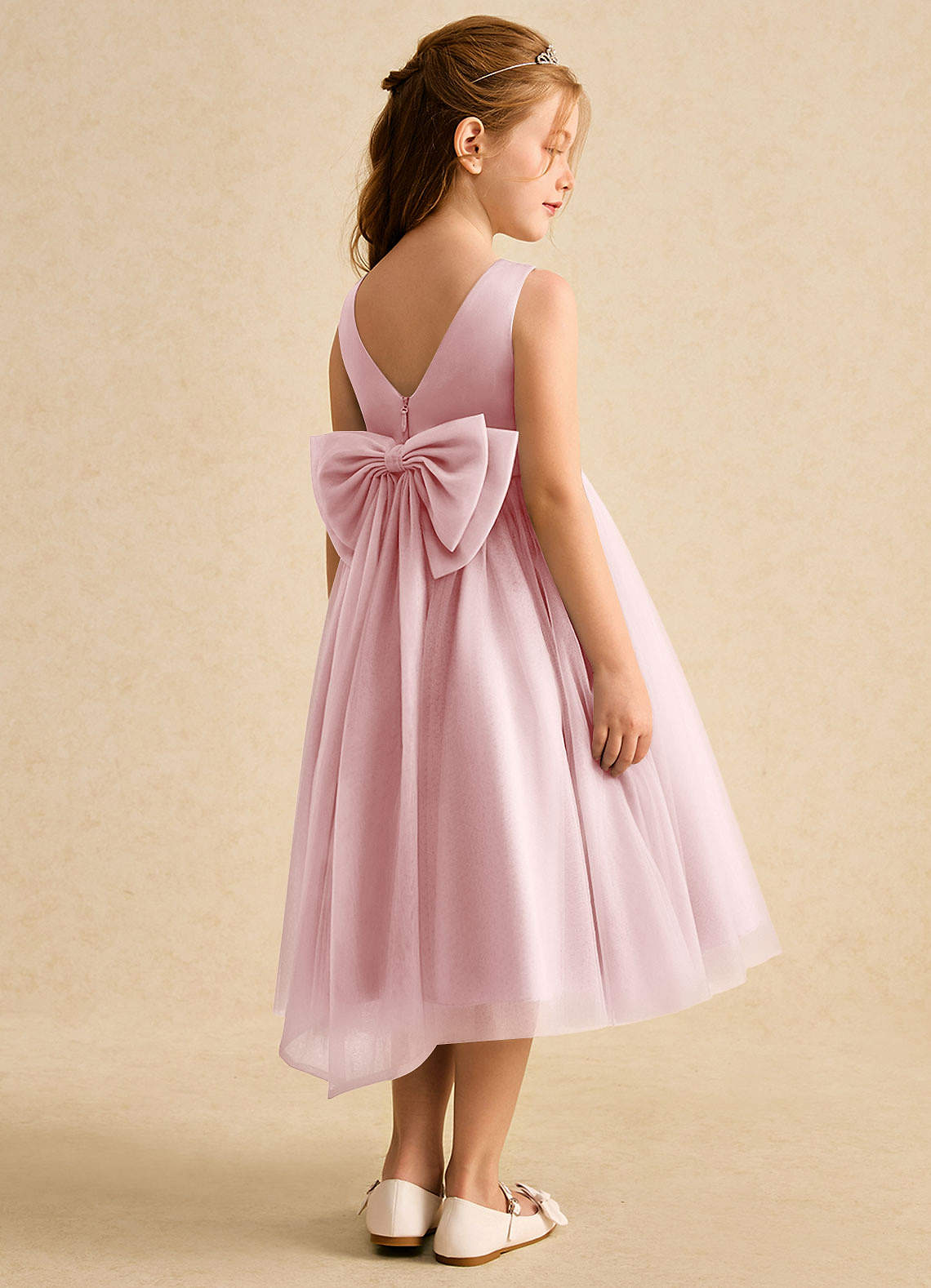 Azazie Winnie Robe Demoiselle D'honneur Fillette Robe Princesse en Tulle Arc Rose Poudré image2