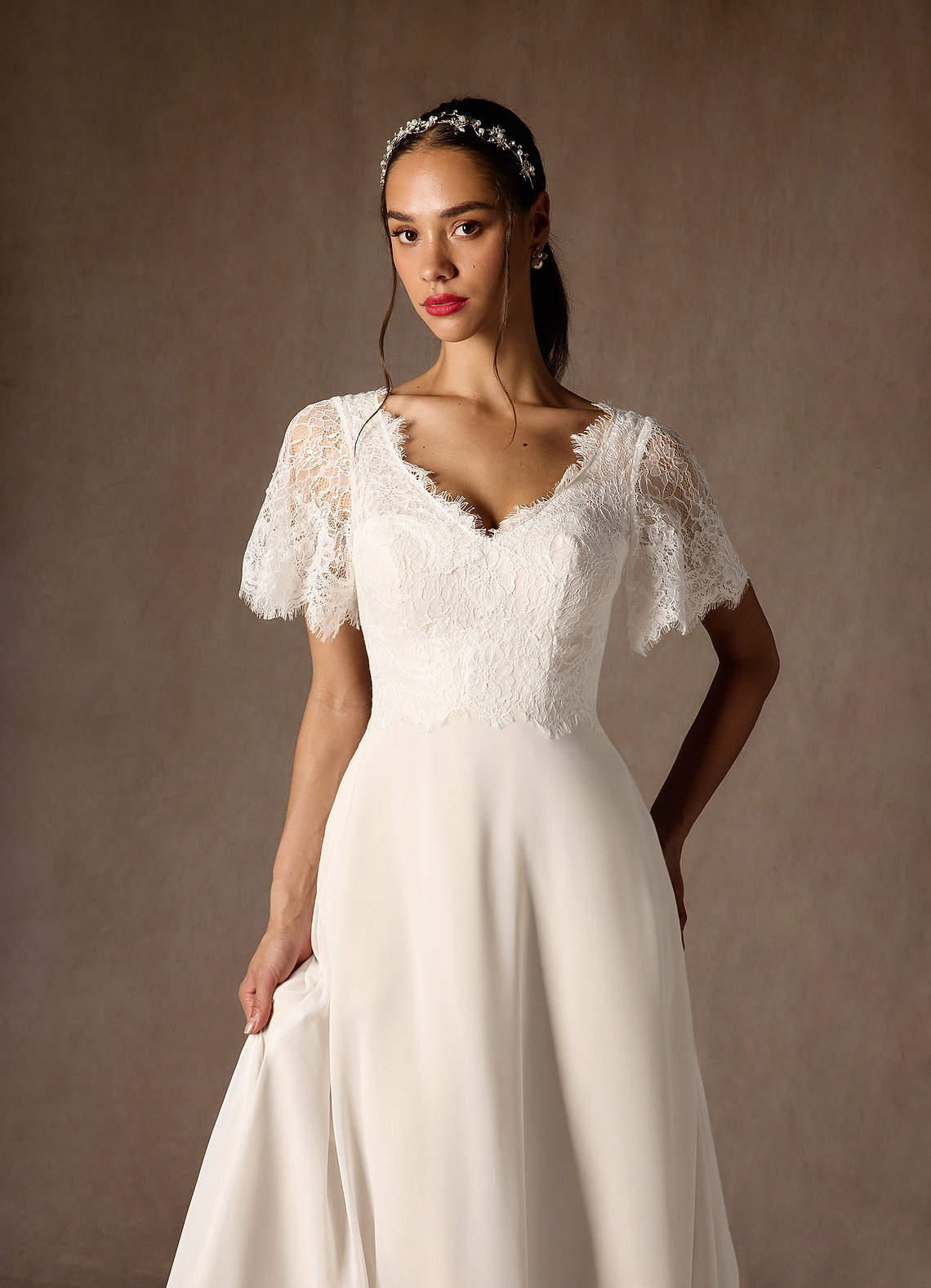 Azazie Veradis Diamond White Champagne A-Line V-Neck lace Chiffon