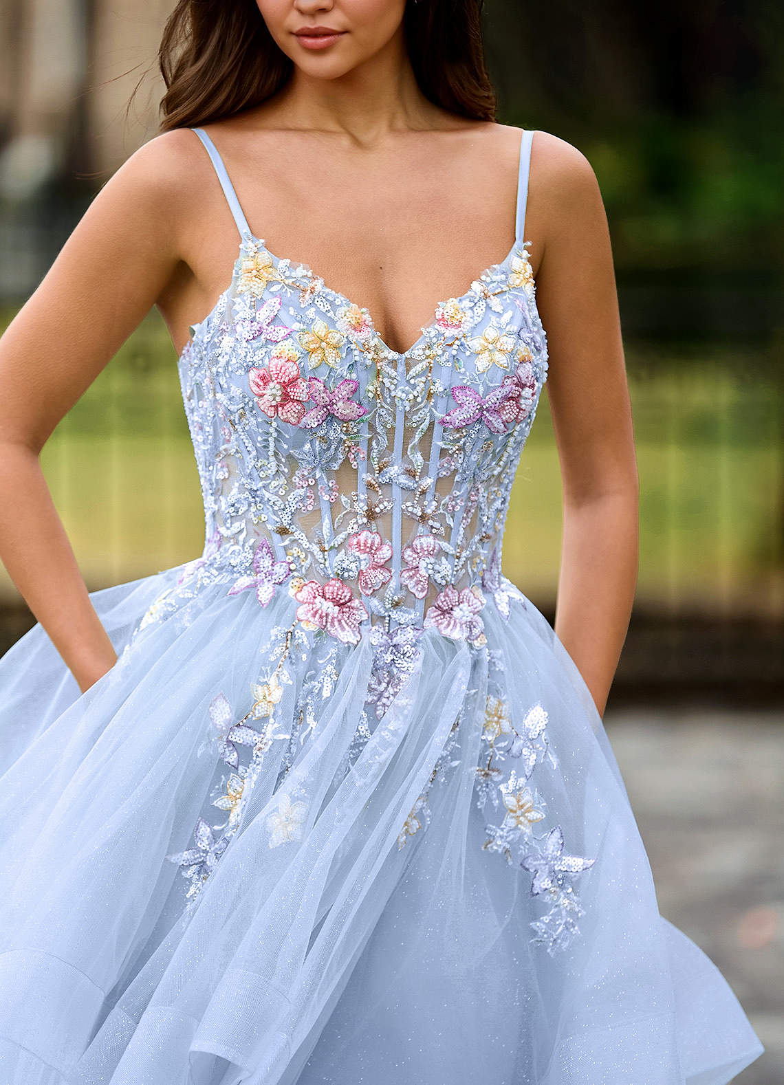 purple tulle prom dress Sparkle Lilac Tulle High-split Spaghetti Strap Prom Dress, Lilac / US2