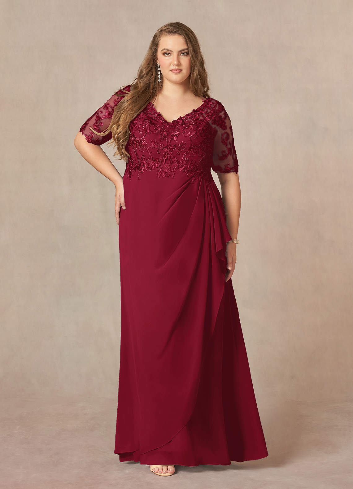 Azazie Amedeus Mother of the Bride Dresses Burgundy A-Line V-Neck Lace Chiffon Dress image1