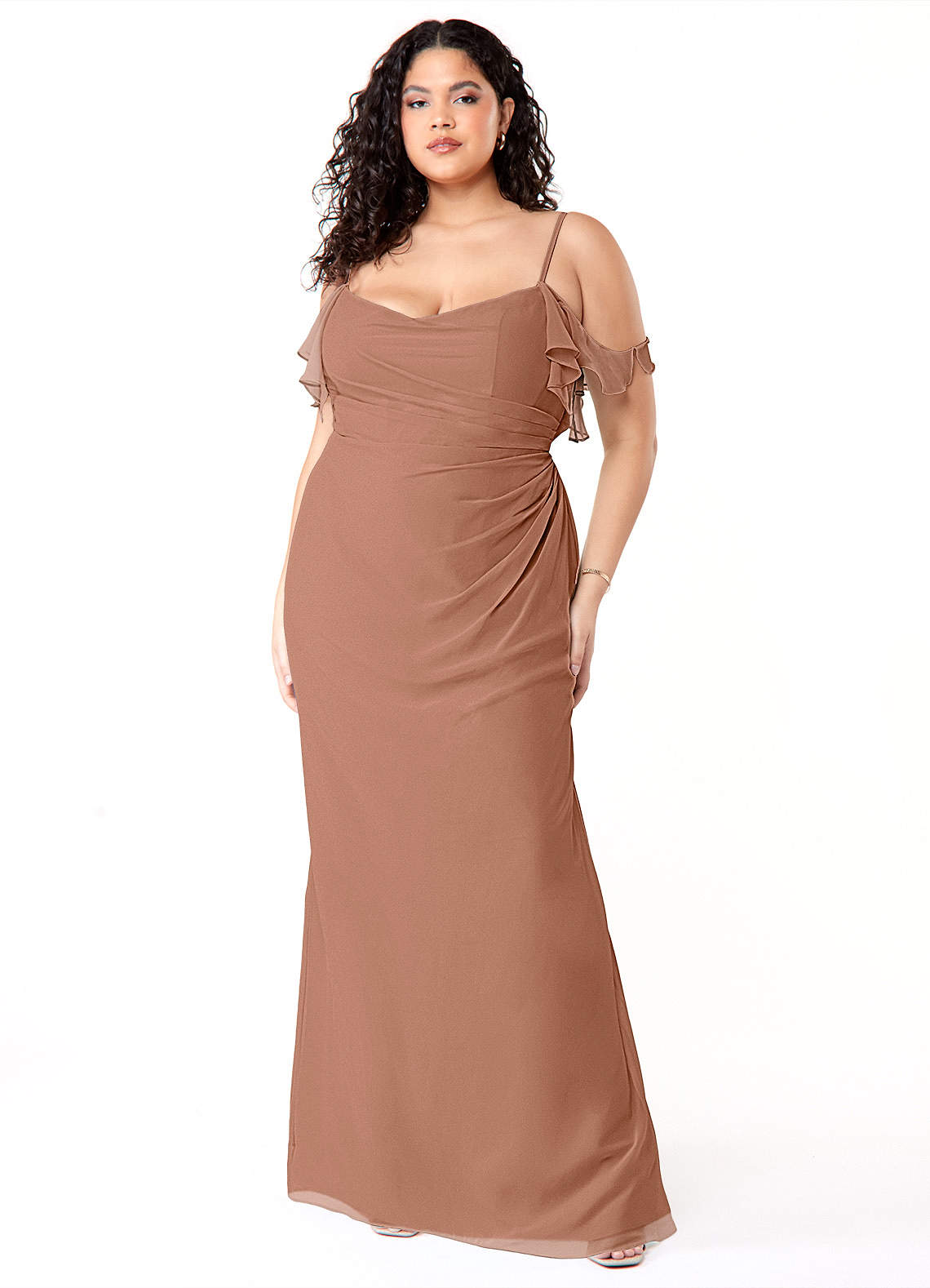 Azazie Emeralda Bridesmaid Dresses Bronzer Sheath Off the Shoulder Chiffon Dress image1