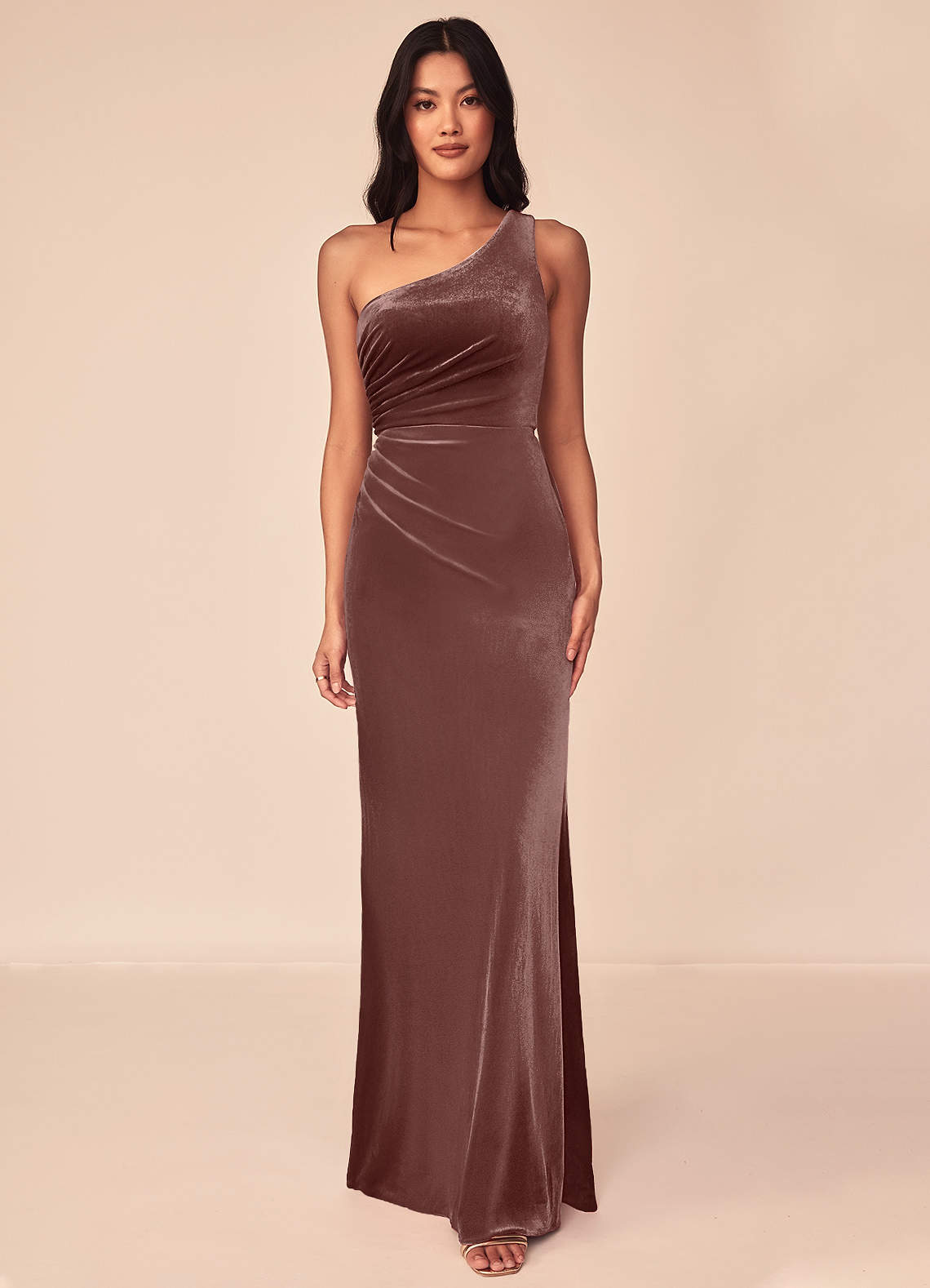 Azazie Argan Bridesmaid Dresses Espresso A-Line One Shoulder Pleated Velvet Dress image1