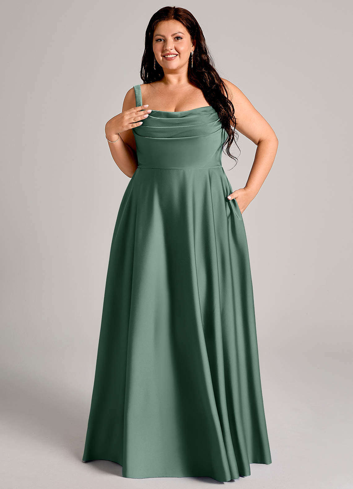Azazie Shaude Bridesmaid Dresses Eucalyptus A-Line Pleated Stretch Satin Dress image10