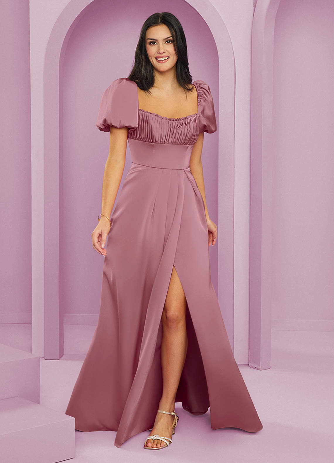 Barbie ♥ Azazie Bridesmaid Dresses Vintage Mauve A-Line Ruched Stretch Satin Dress image1