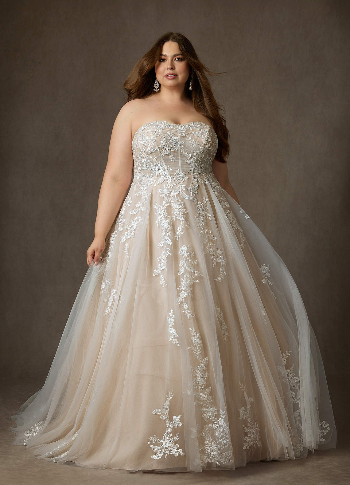 Azazie Keri Wedding Dresses Diamond White Nude Ball-Gown Strapless Lace Dress image1