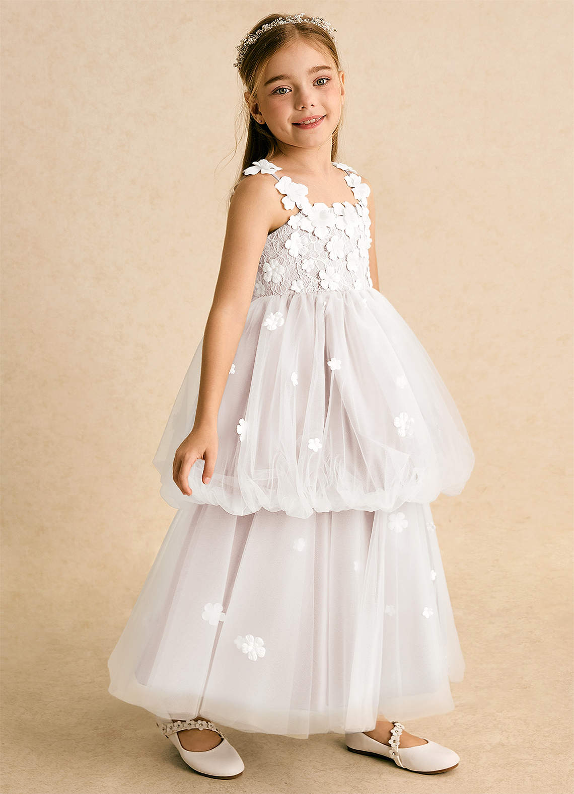 Azazie Teacup Blumenmädchenkleider Ballkleid Spitze Tüll Kleid Elfenbein Blassrosa image1