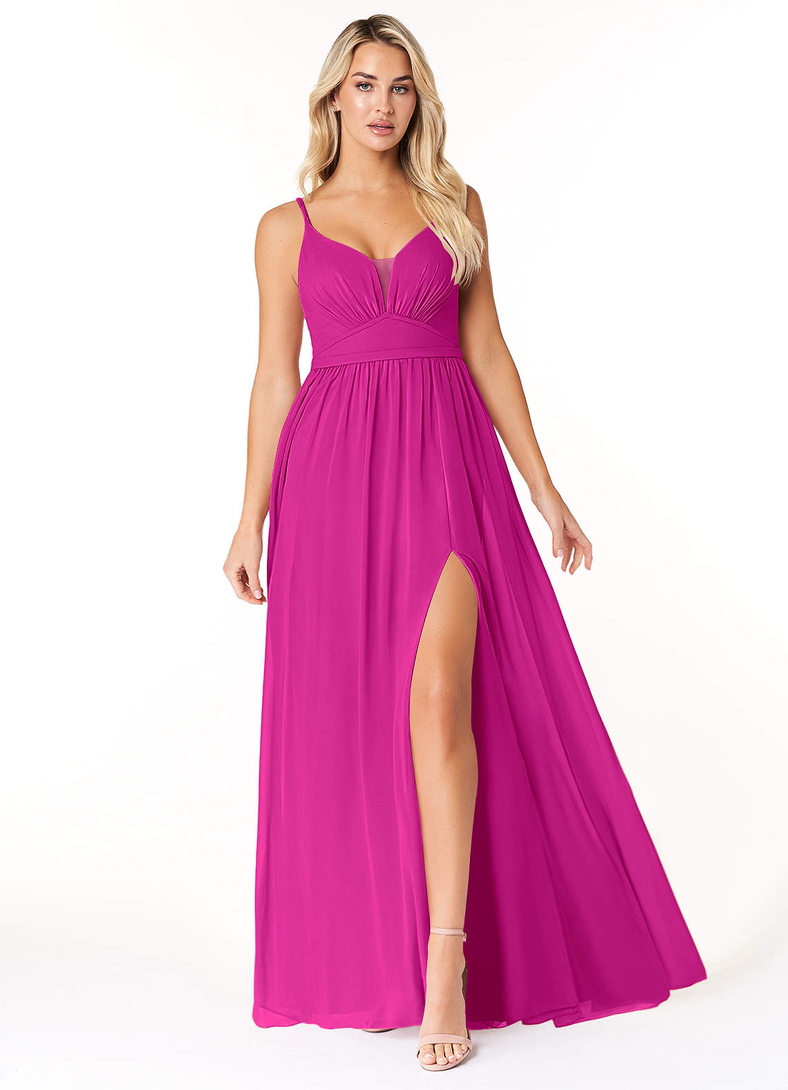 Azazie Rayna Vestidos de damas de honor Vestido de Fucsia de Gasa de Corte en A con Cuello en V plisado image1