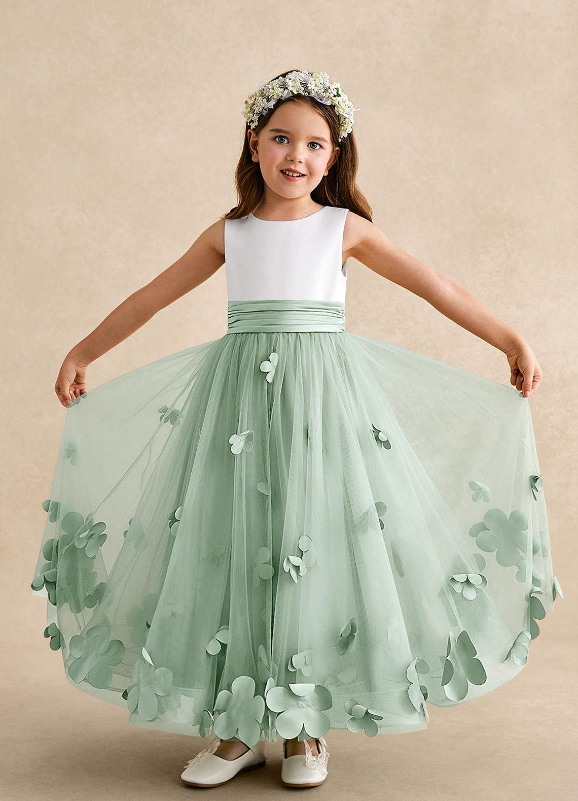 Azazie Vi Flower Girl Dresses Agave A-Line Sleeveless Tulle Dress image4