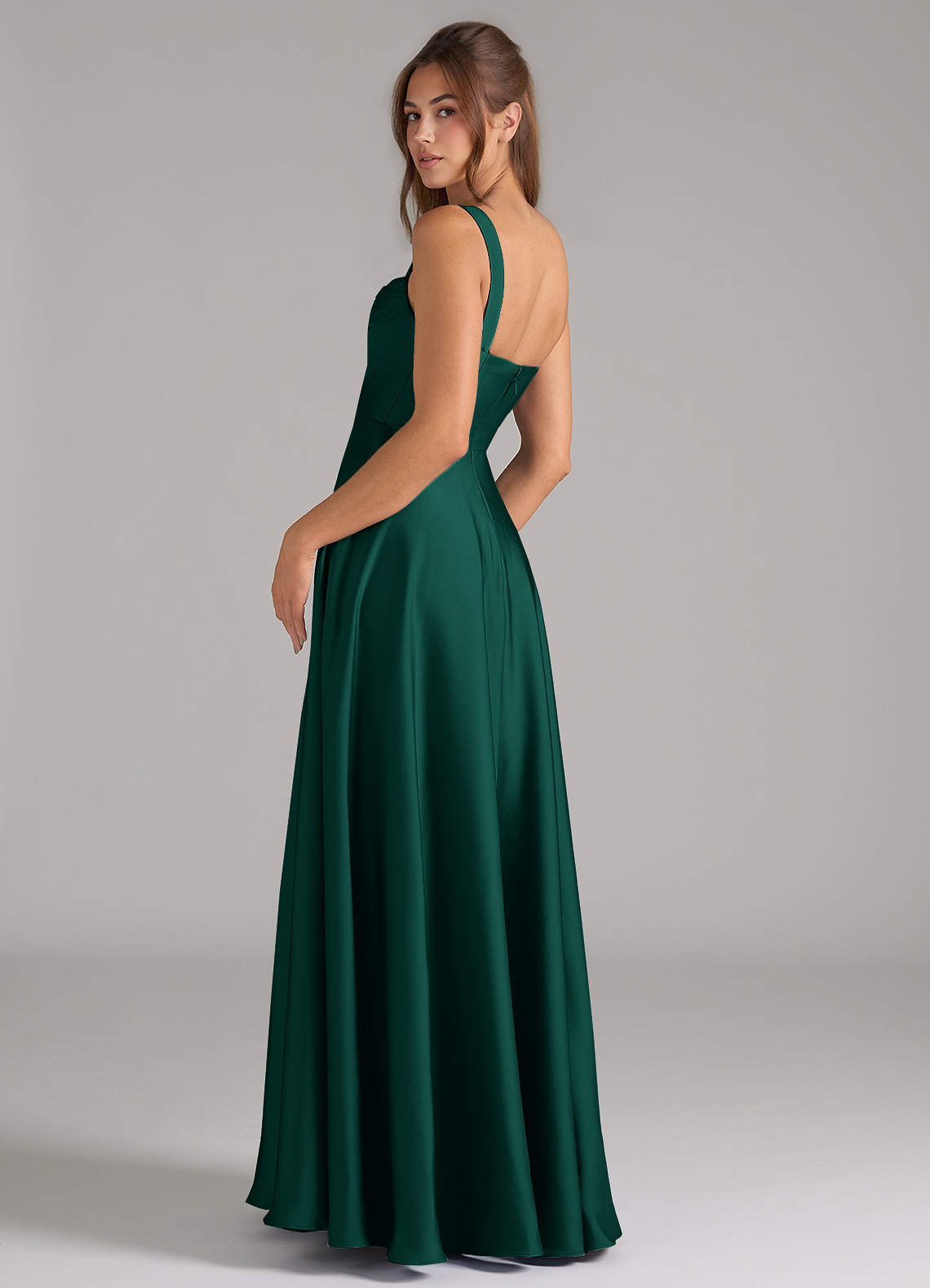 Azazie Shaude Vestidos de madrinha de casamento Vestido Esmeralda de Cetim elástico de Linha A com Plissado image6