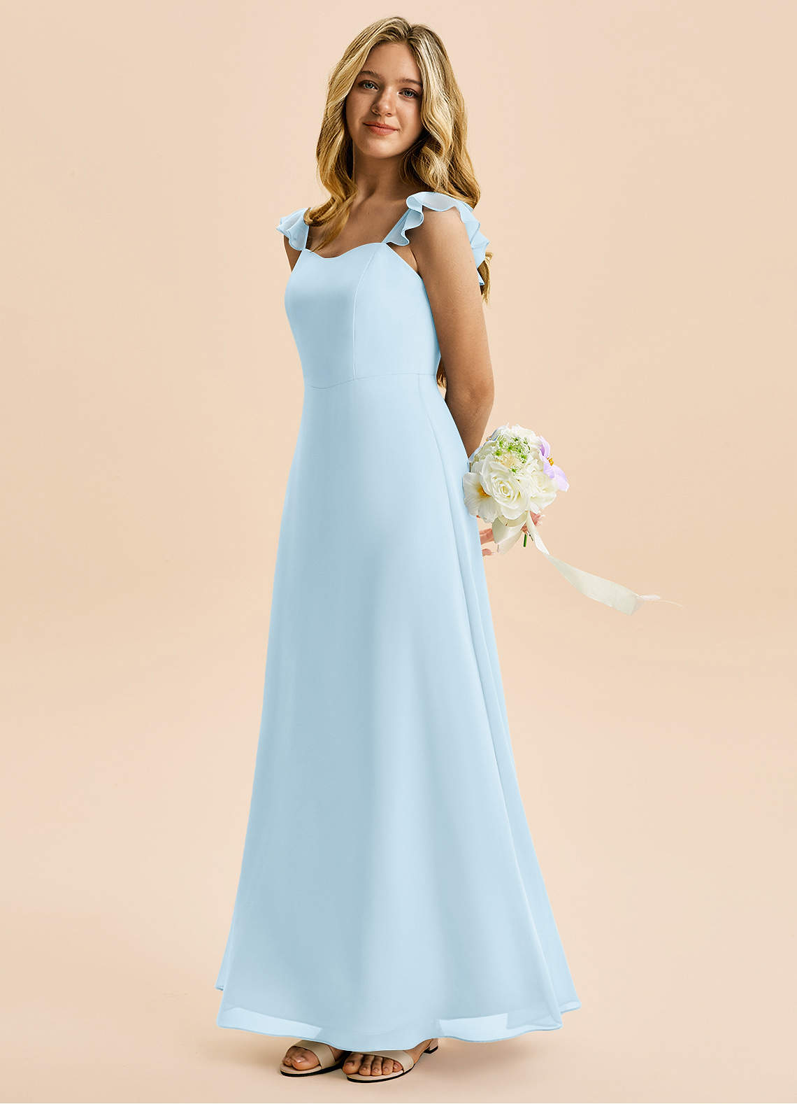 Azazie Mavie Junior Sky Blue A-Line Ruched Chiffon Dress image2